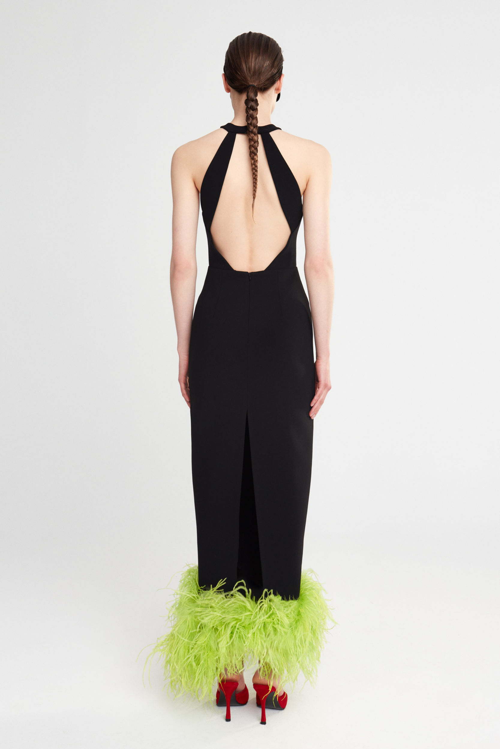 EVA - FEATHER TRIMMED CROSSOVER NECK DRESS WITH OPEN BACK