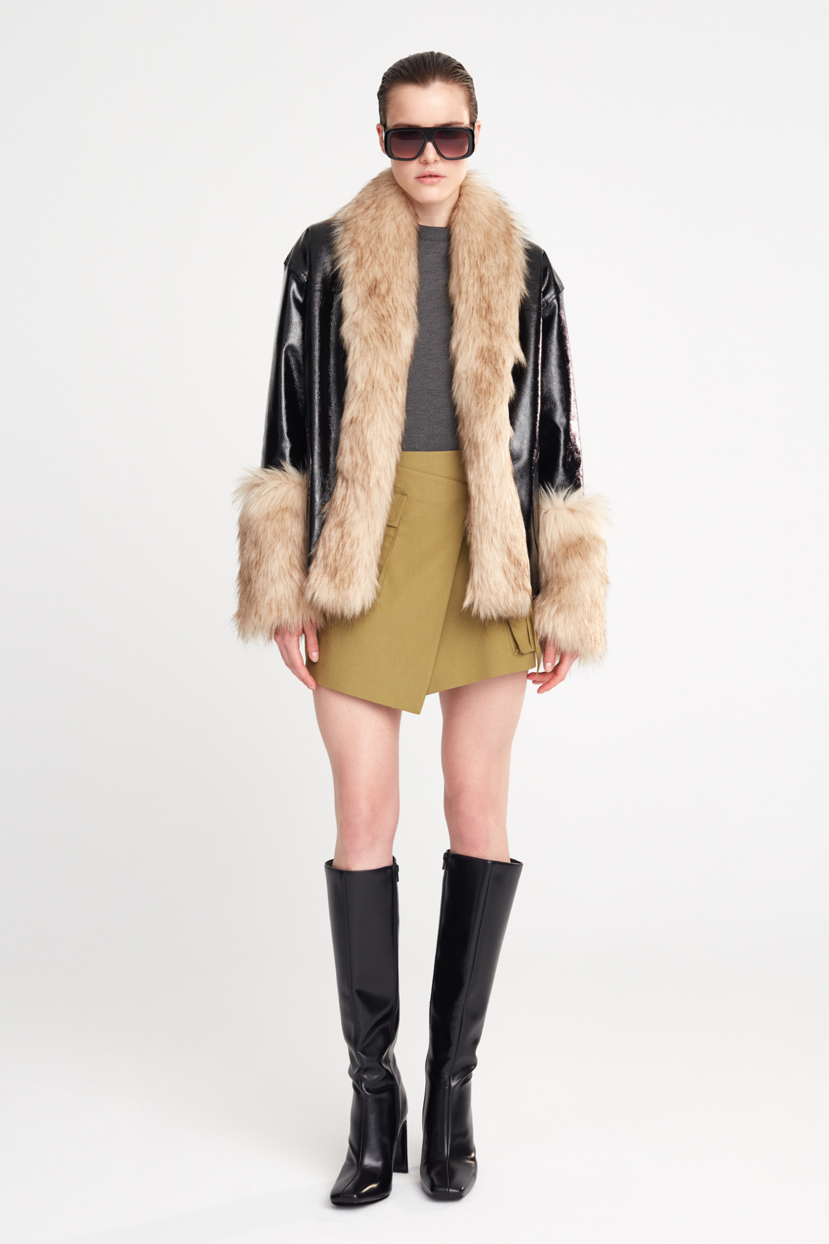 LENNOX -VEGAN LEATHER COAT WITH FAUX FUR DETAILS