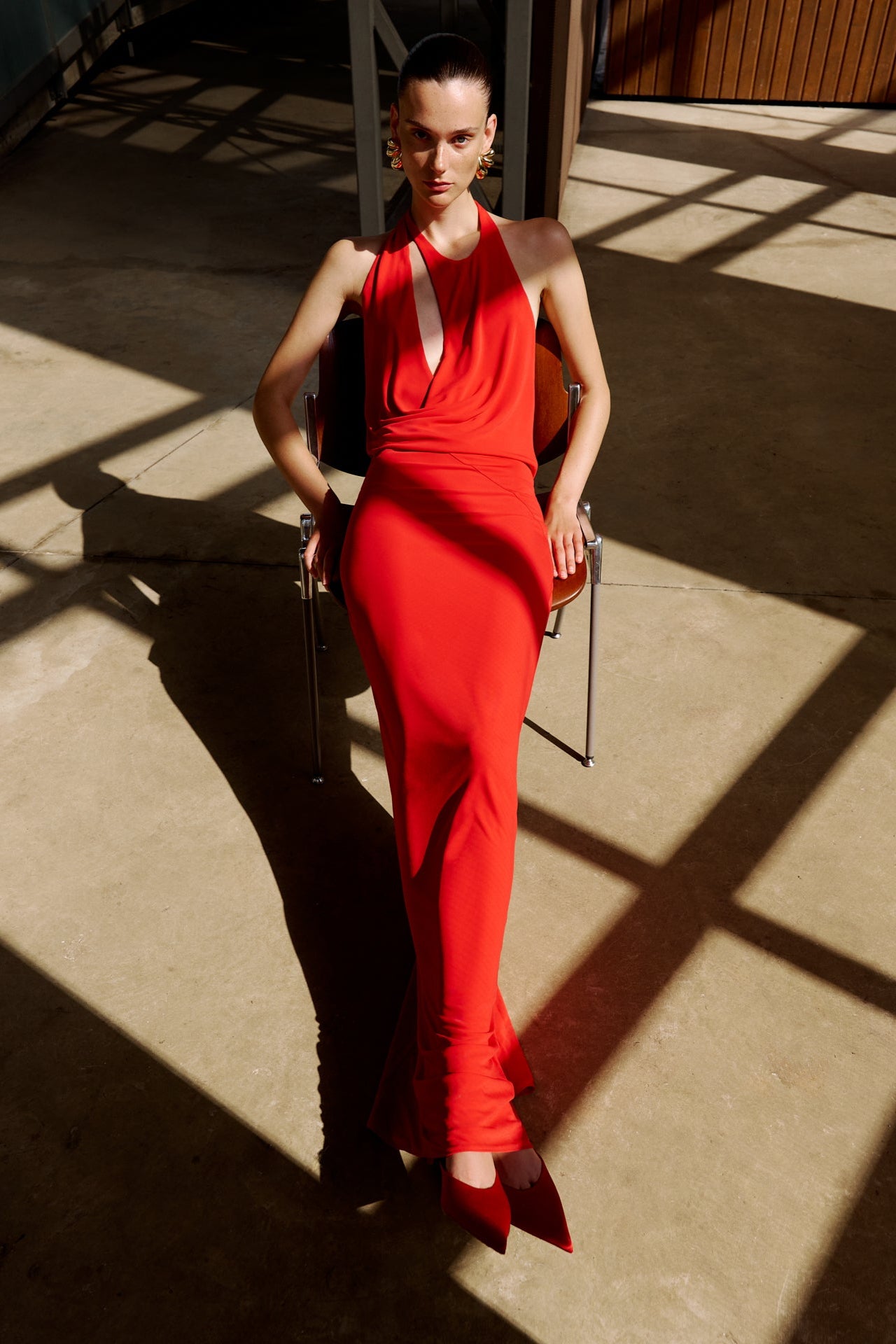 Anya-Cowl Neck Maxi Jersey Dress with Cut-Outs in Red ILA Official Anya-Cowl Neck Maxi Jersey Dress with Cut-Outs in Red ILA Official