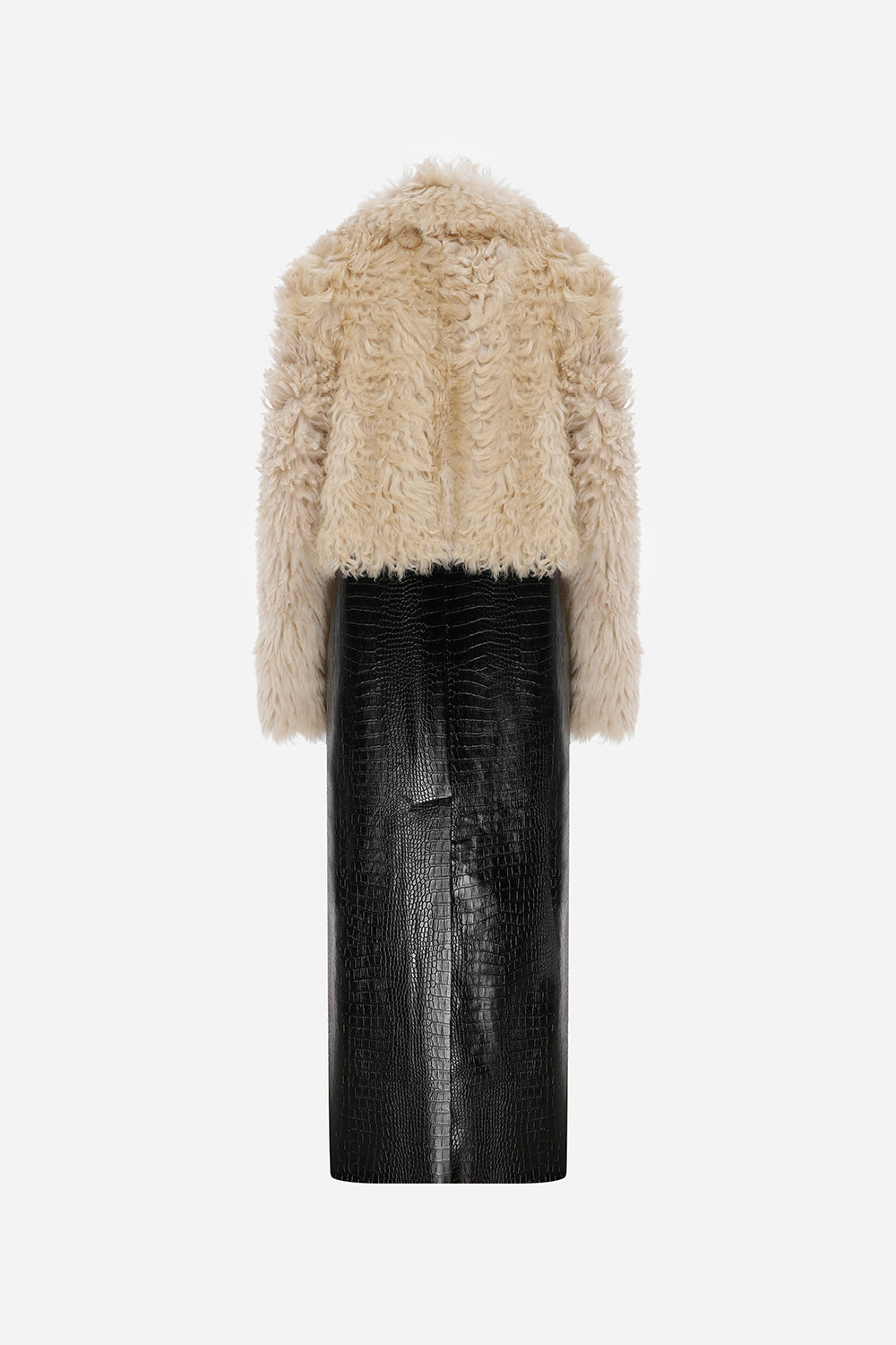 Avery - Vegan Crocodile Leather Detailed Nodal Shearling Long Coat