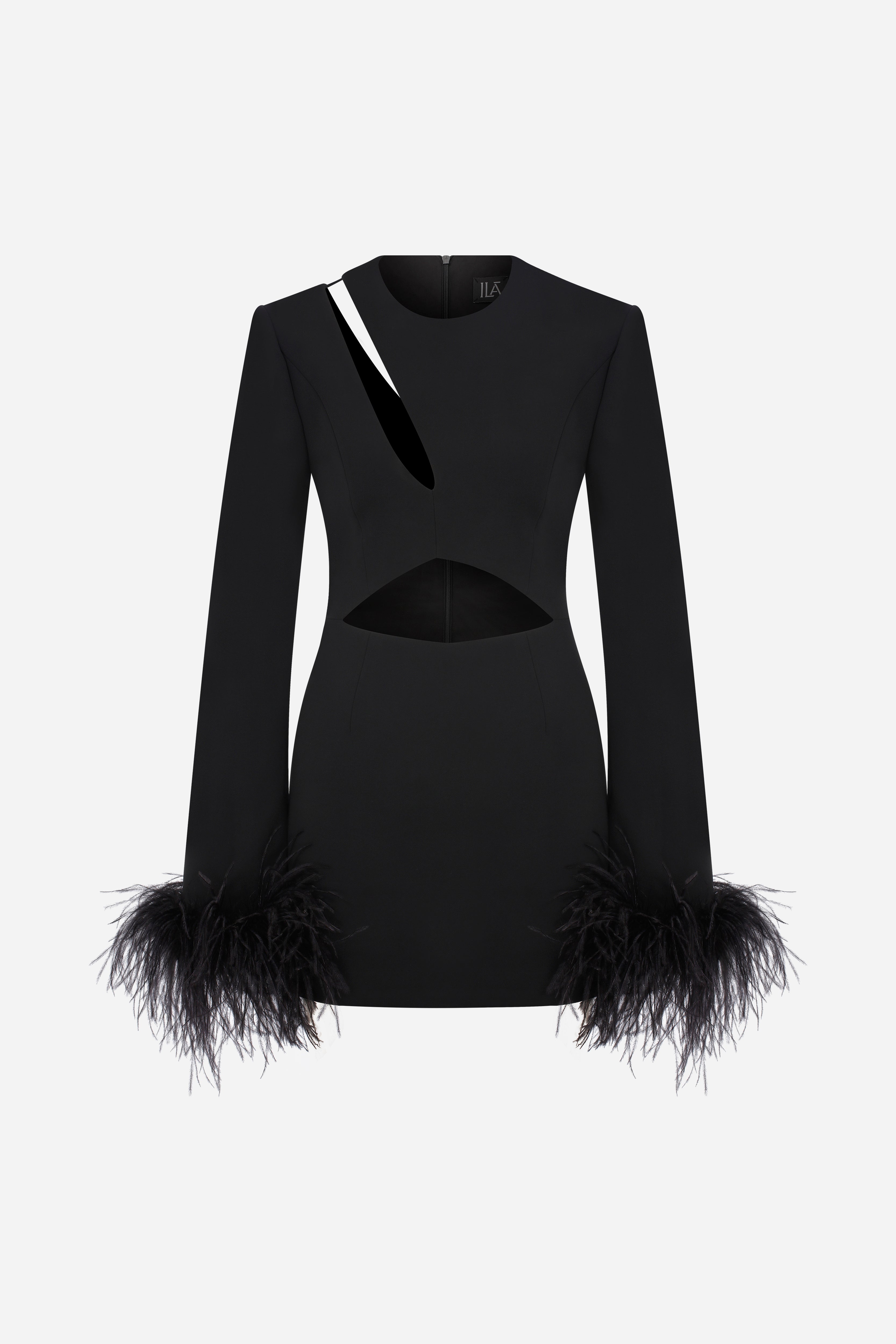 AUDREY - MINI DRESS WITH CUTOUT DETAILS ON SHOULDER AND FEATHER TRIM ON SLEEVES