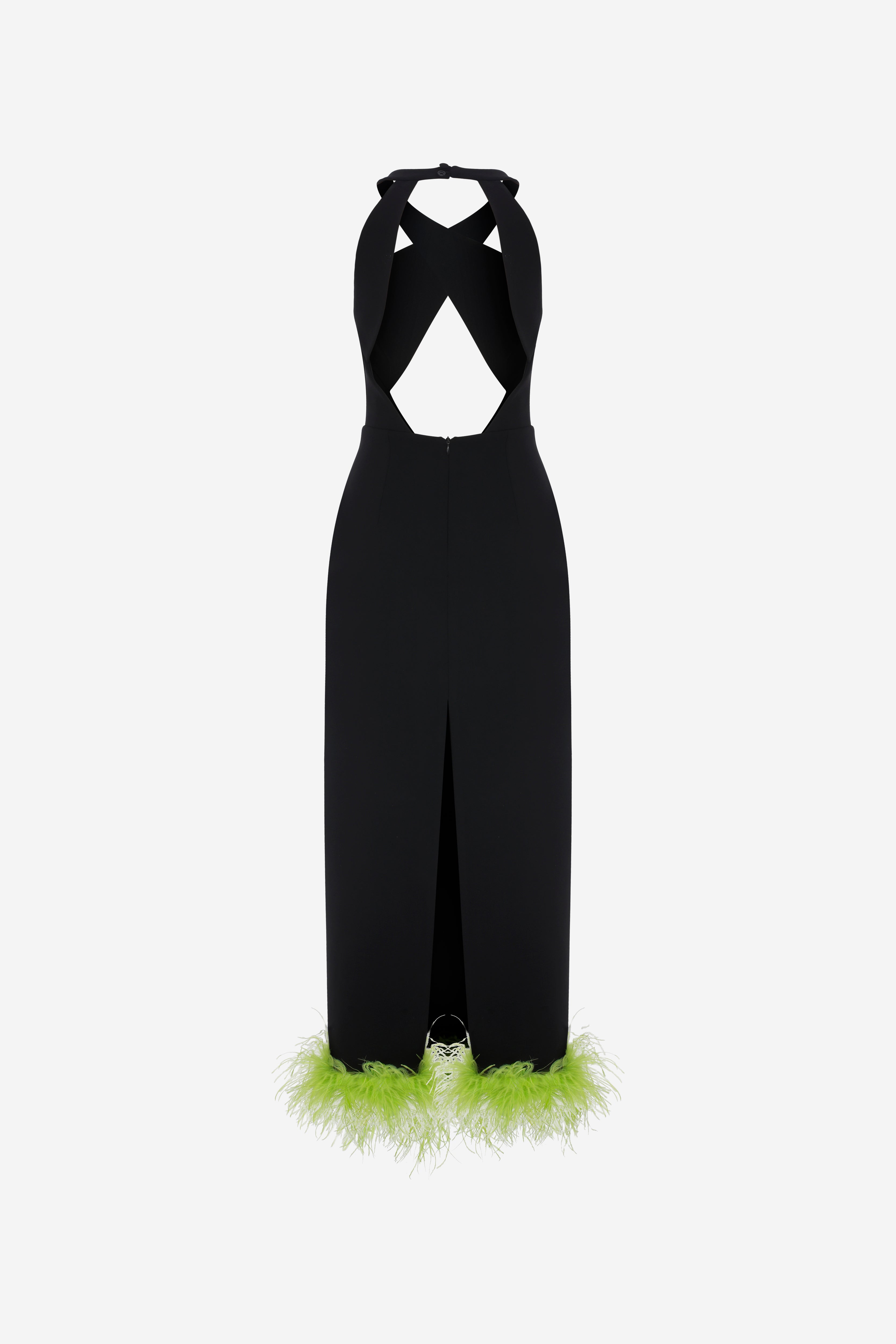 EVA - FEATHER TRIMMED CROSSOVER NECK DRESS WITH OPEN BACK