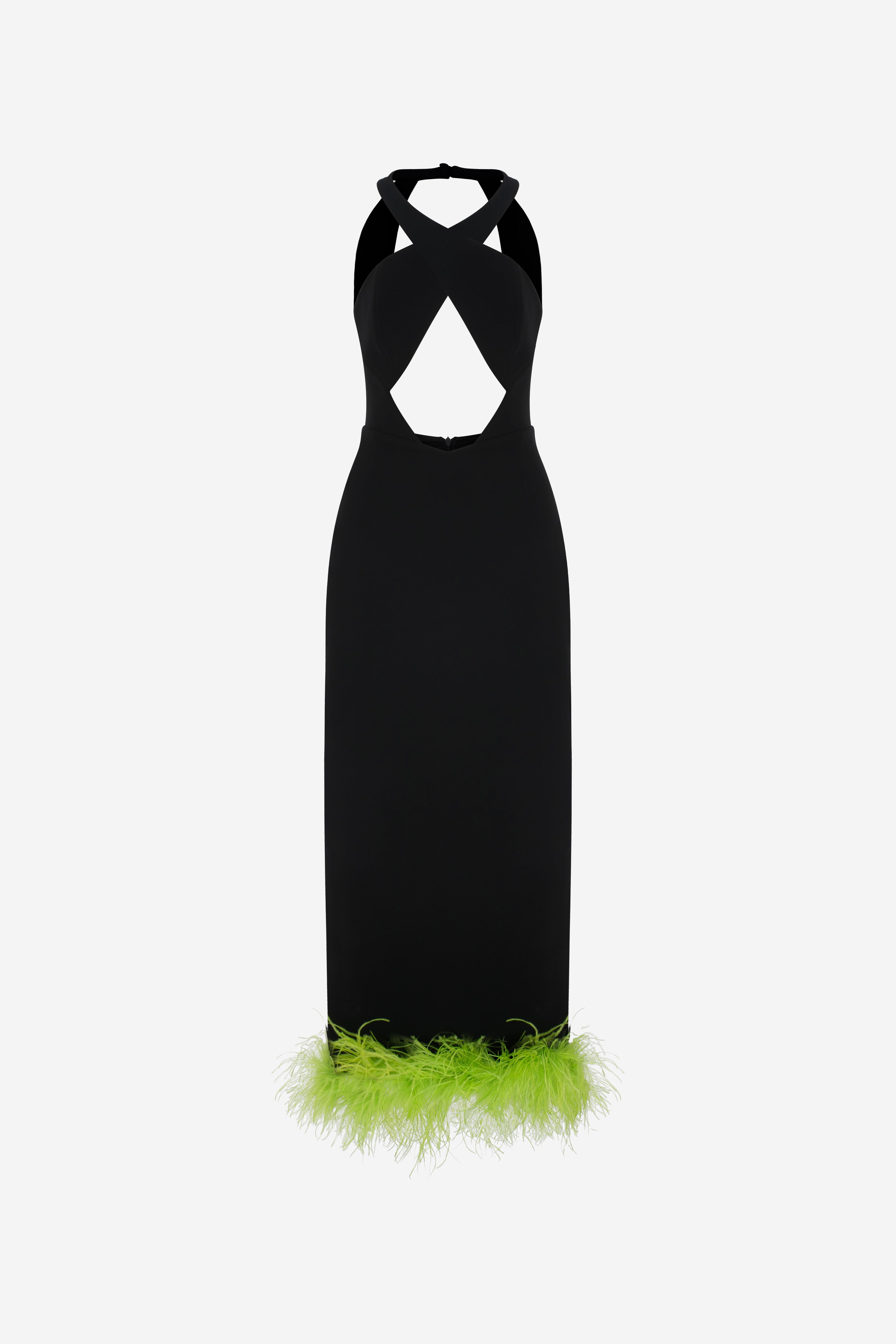 EVA - FEATHER TRIMMED CROSSOVER NECK DRESS WITH OPEN BACK