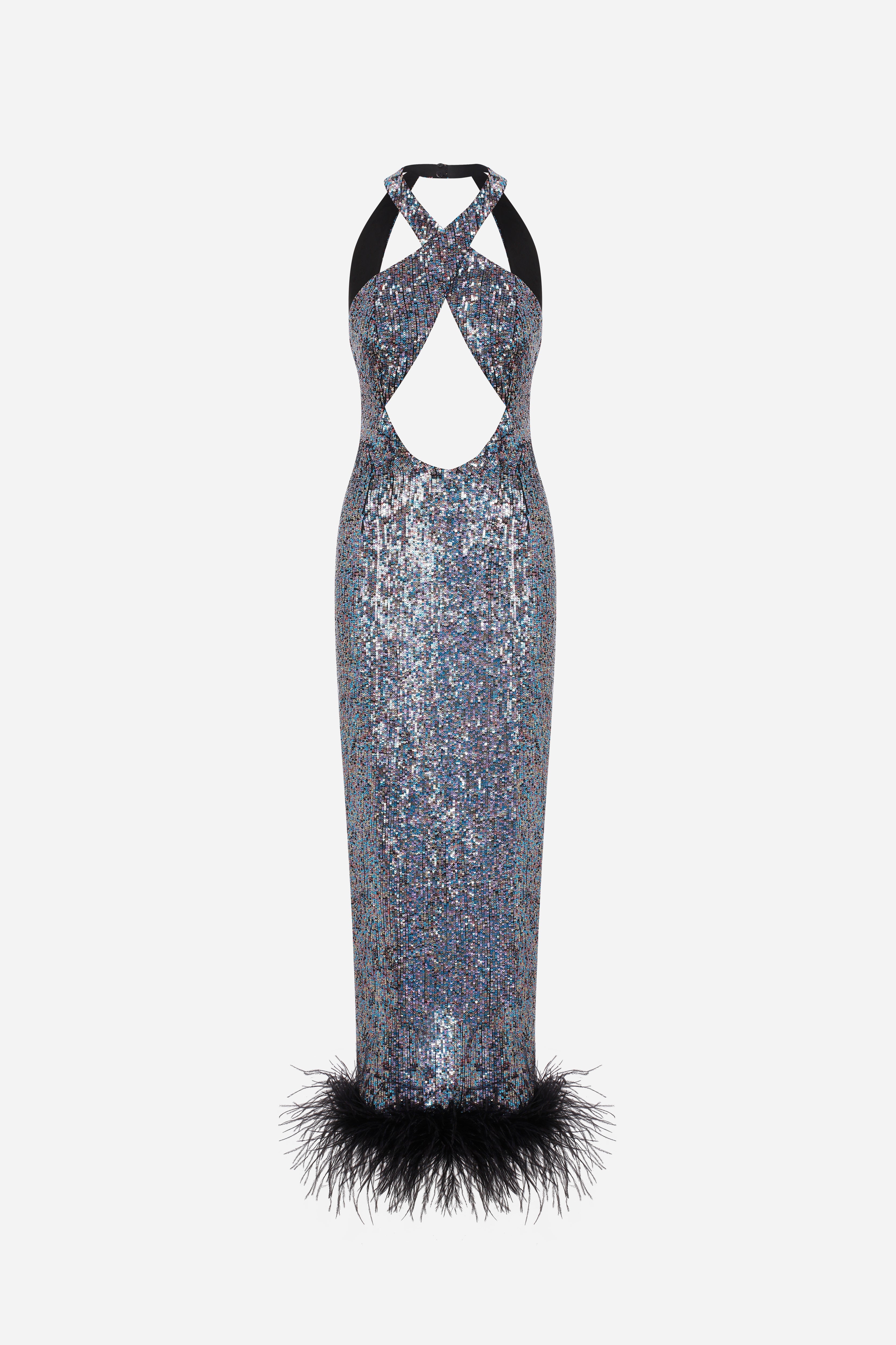 EVA - FEATHER TRIMMED CROSSOVER NECK SEQUIN DRESS WITH OPEN BACK