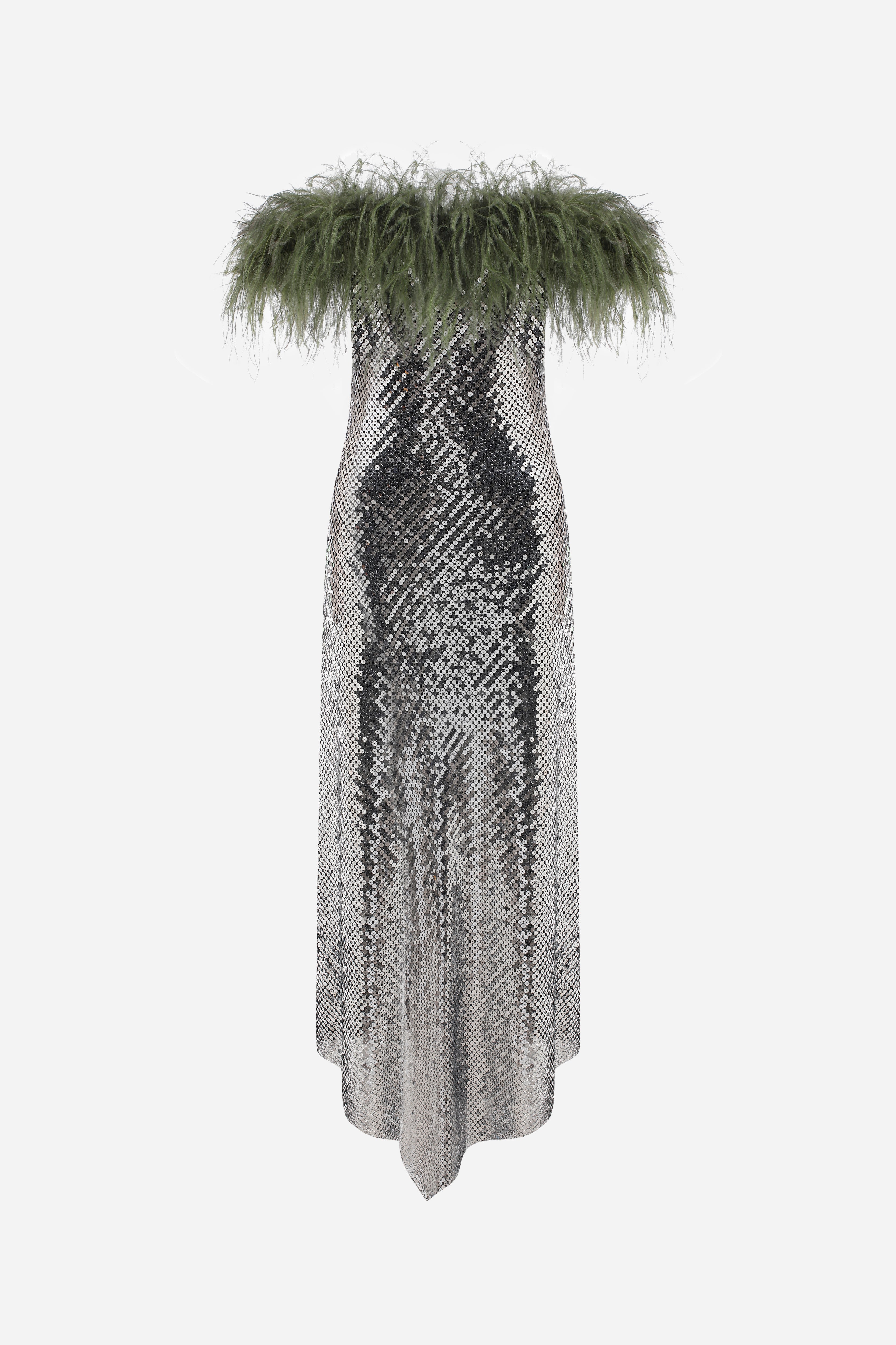 JANIS - STRAPLESS SEQUIN DRESS WITH FEATHERS