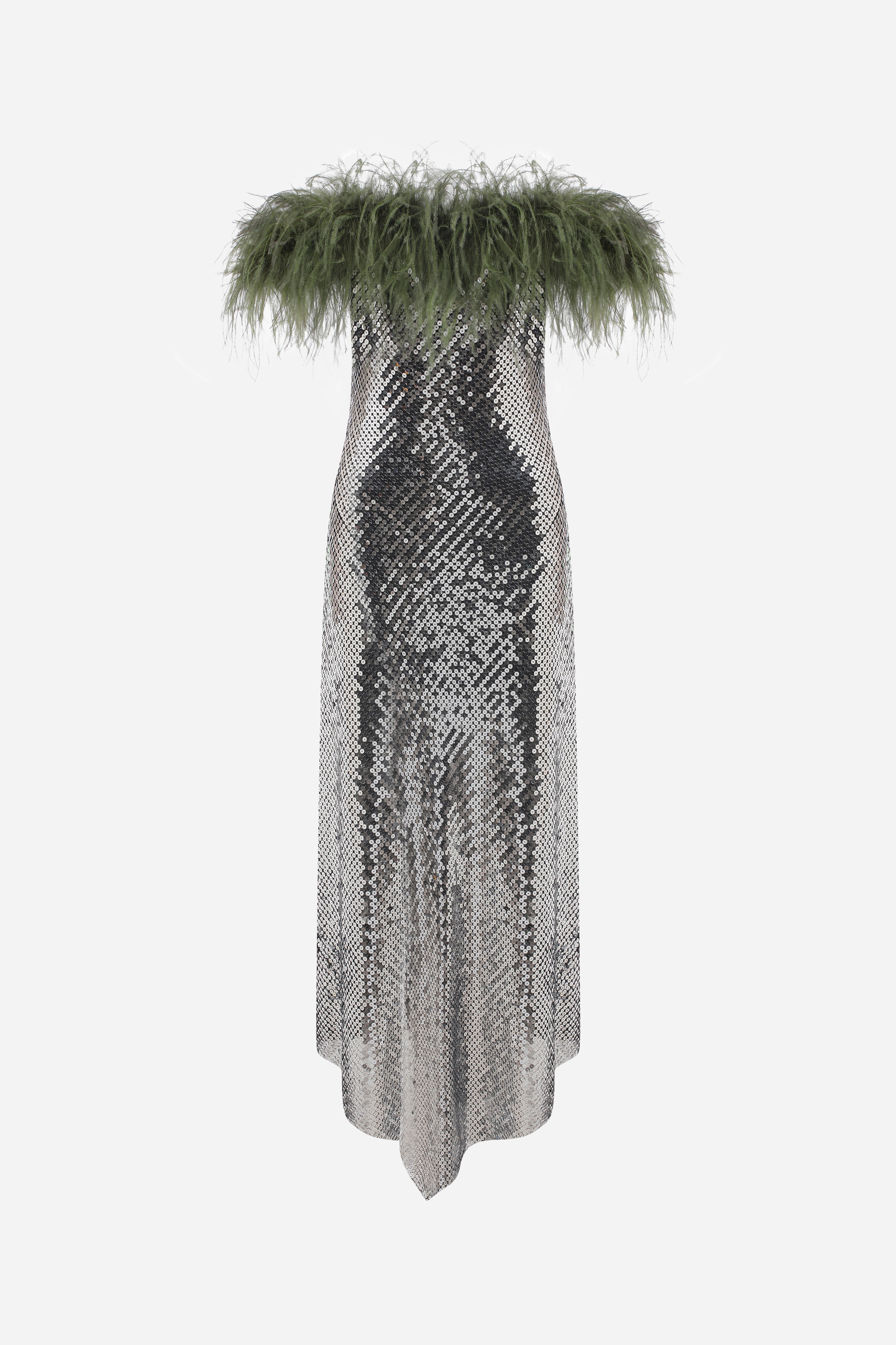 Janis - Strapless Sequin Dress with Feathers