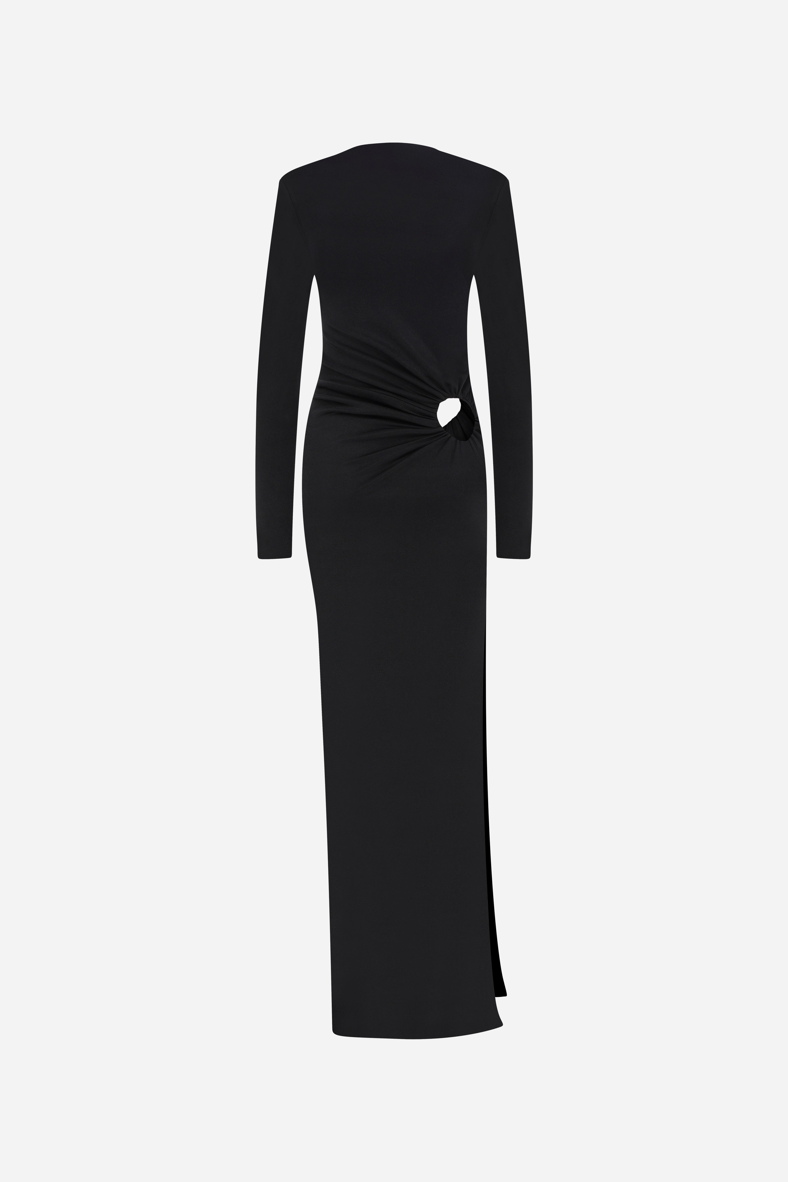 GWEN -LONG SLEEVE MAXI JERSEY DRESS WITH CUTOUT DETAIL in BLACK
