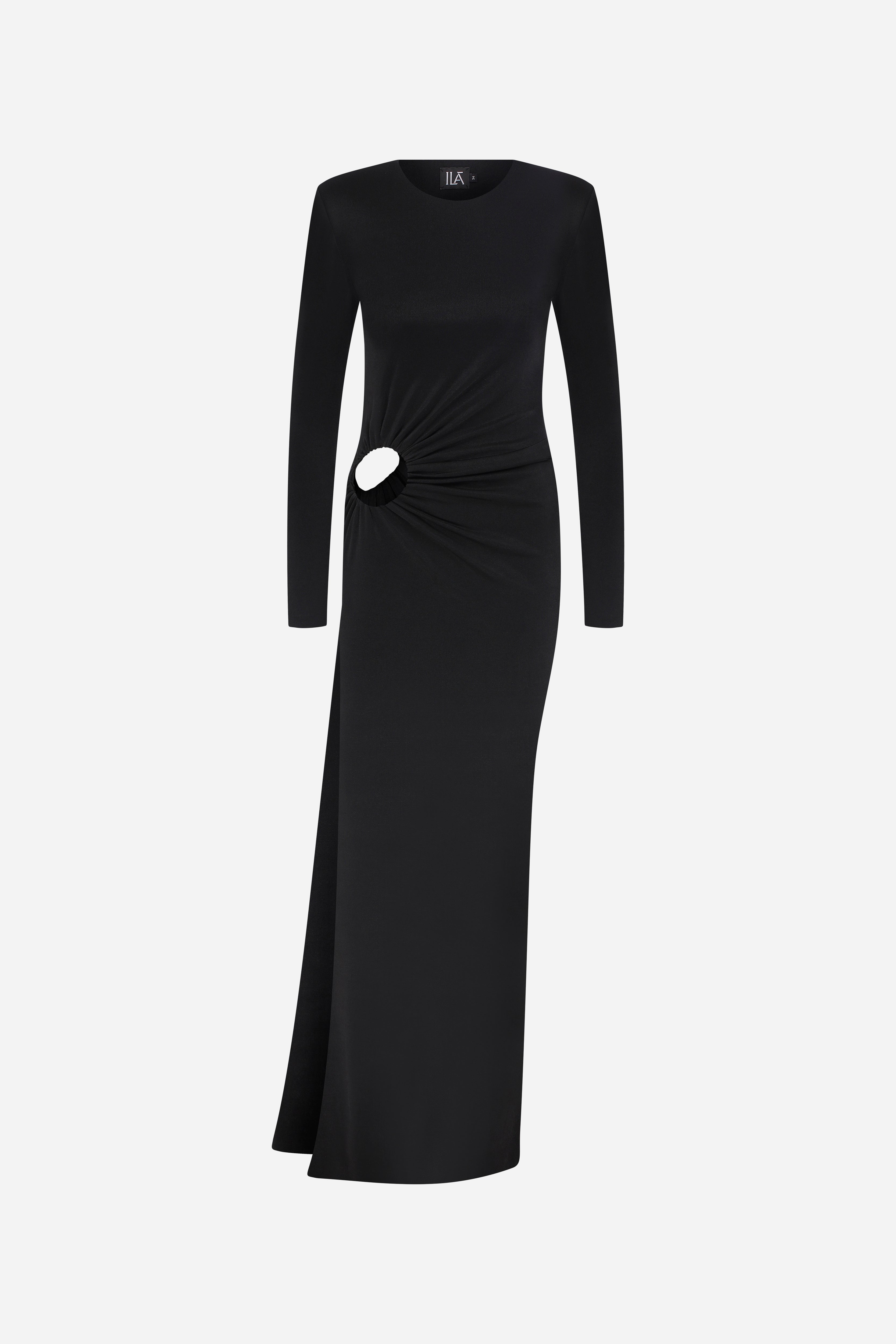 GWEN -LONG SLEEVE MAXI JERSEY DRESS WITH CUTOUT DETAIL in BLACK