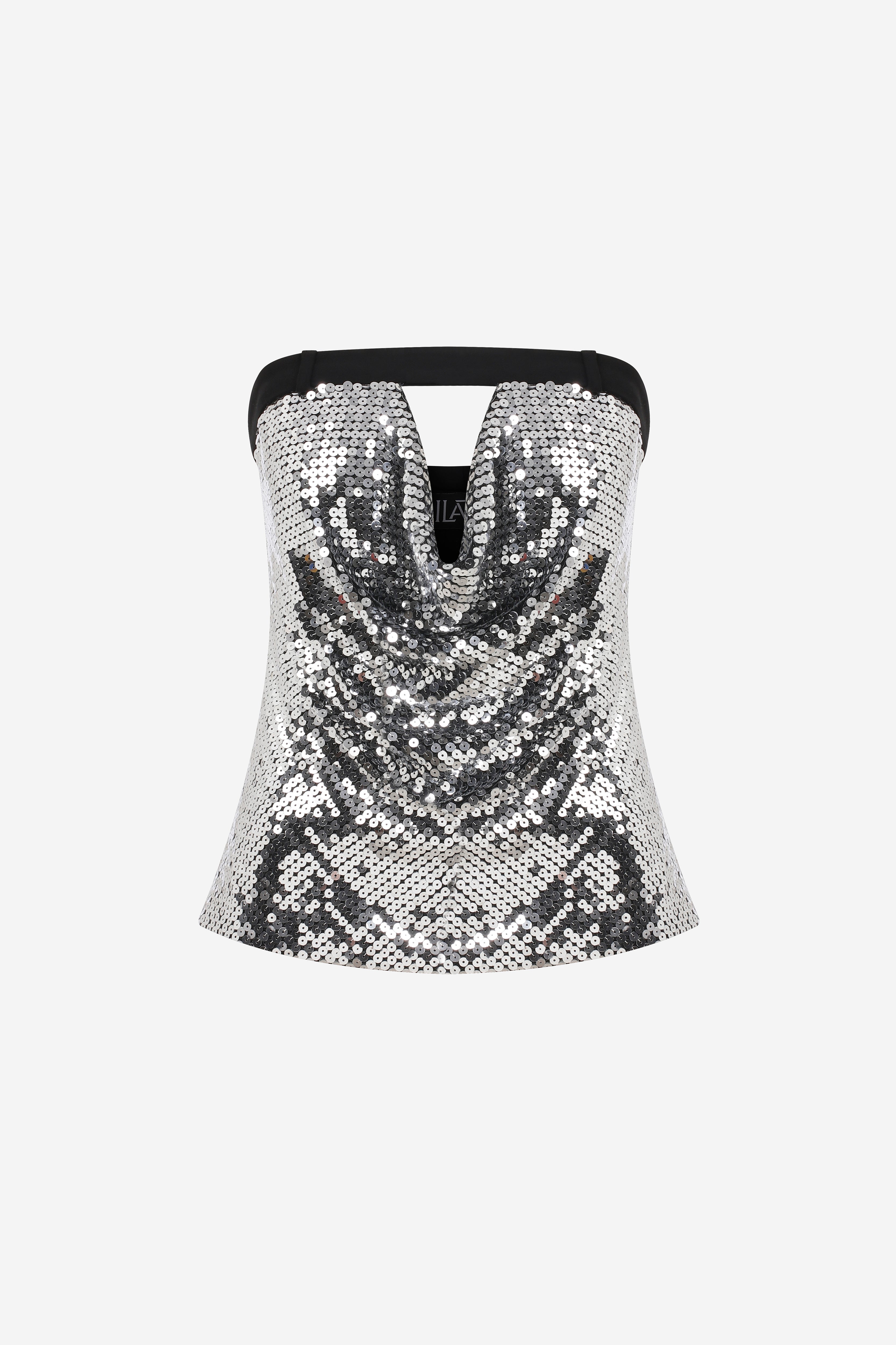 TINA - STRAPLESS COWL NECK TOP in SILVER