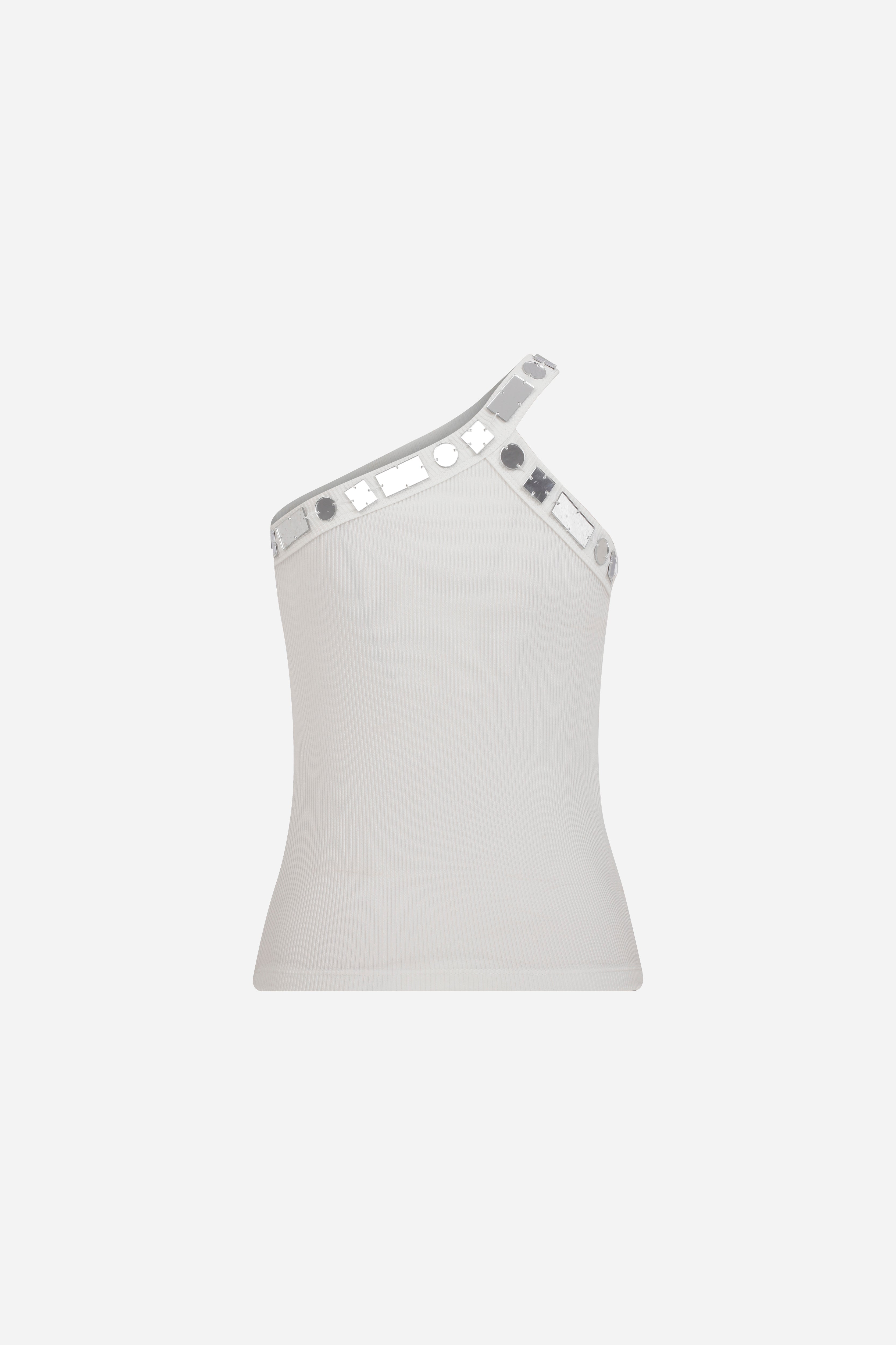 VANESSA - ONE SHOULDER TANK TOP WITH HAND STITCHED MIRRORS in WHITE