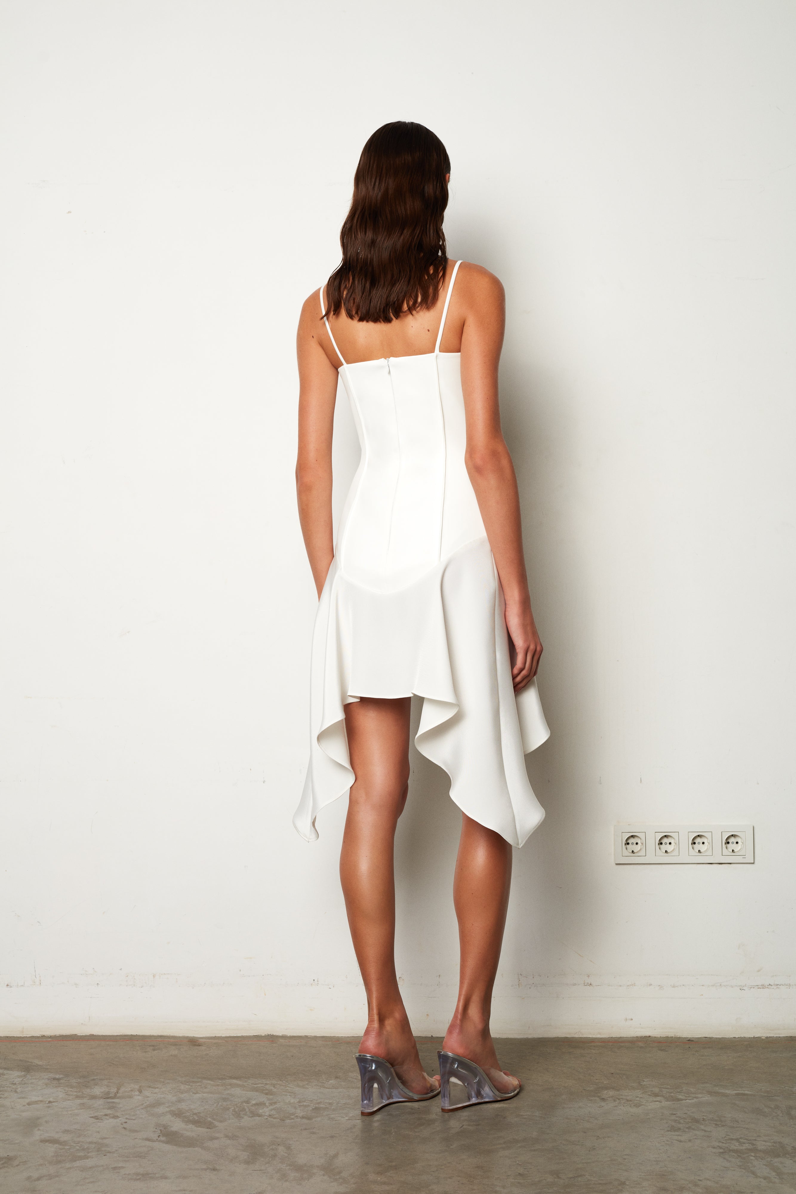 Allegra - Strap Mini Dress with Decorative Stitching and Assymetrical Hem Line
