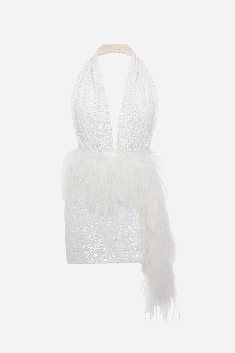 Flora - Deep V Neck Feather Embellished Mini Sequin Dress