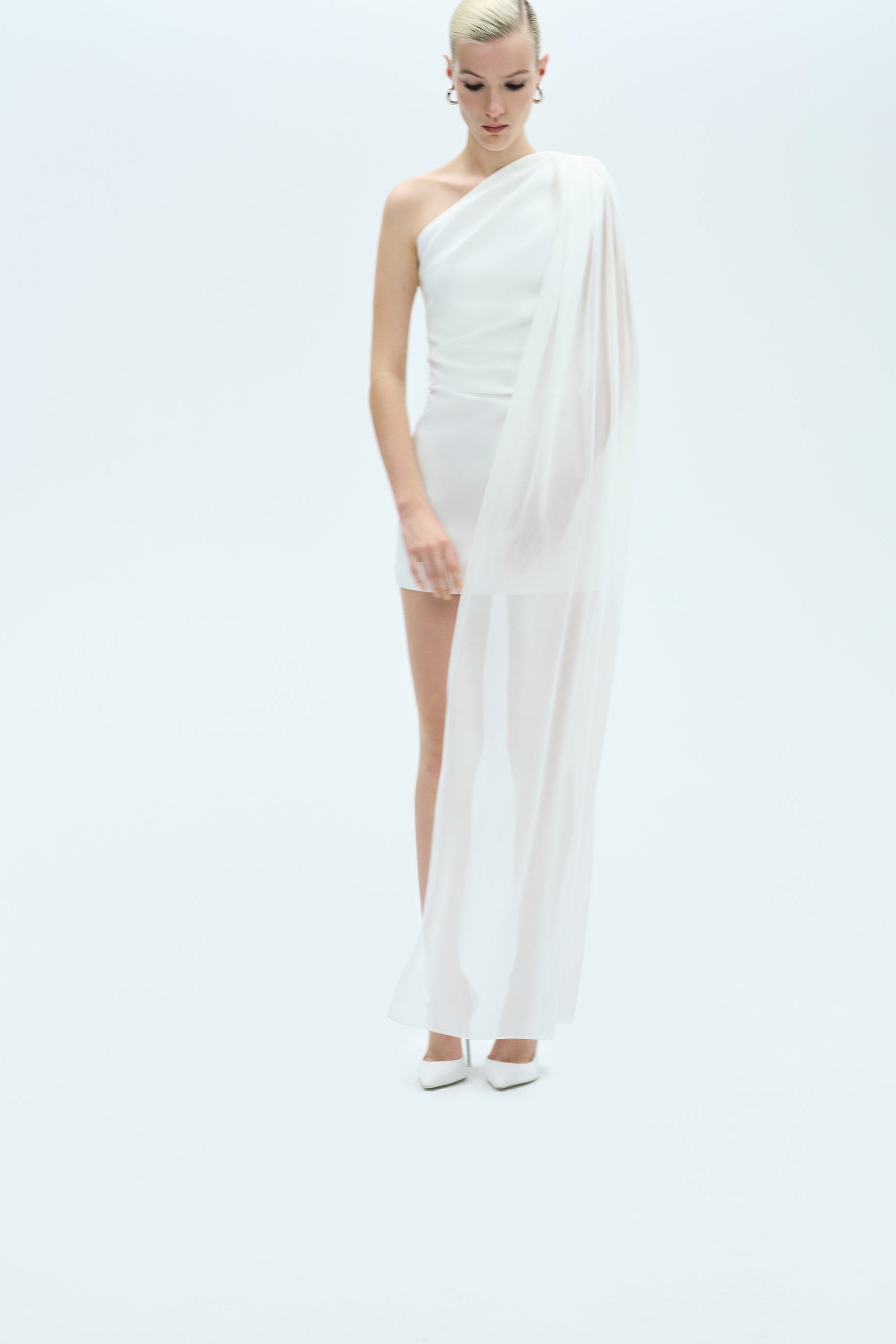 Mery - One Shoulder Mini Dress With See Through Cape Detail