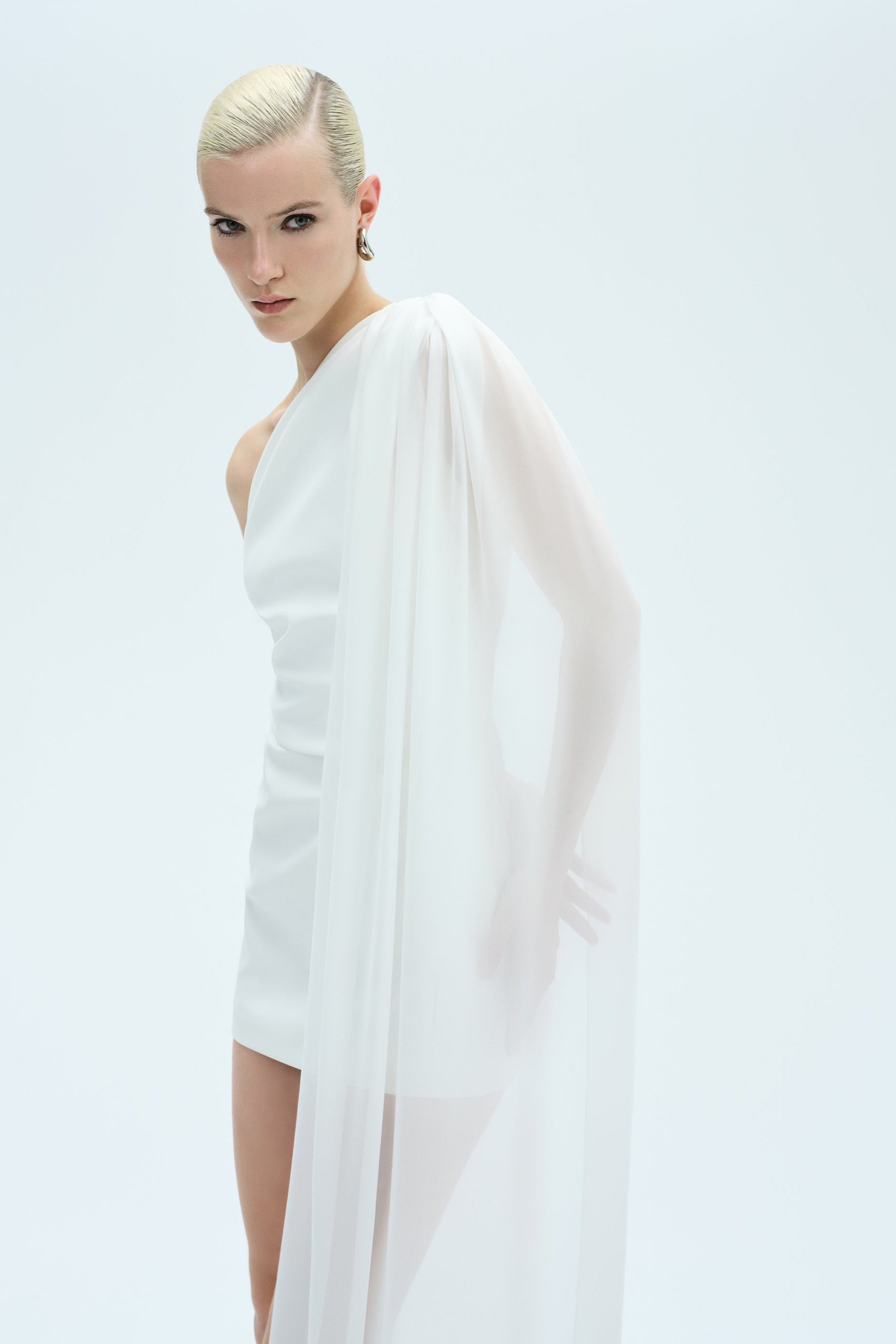 Mery - One Shoulder Mini Dress With See Through Cape Detail