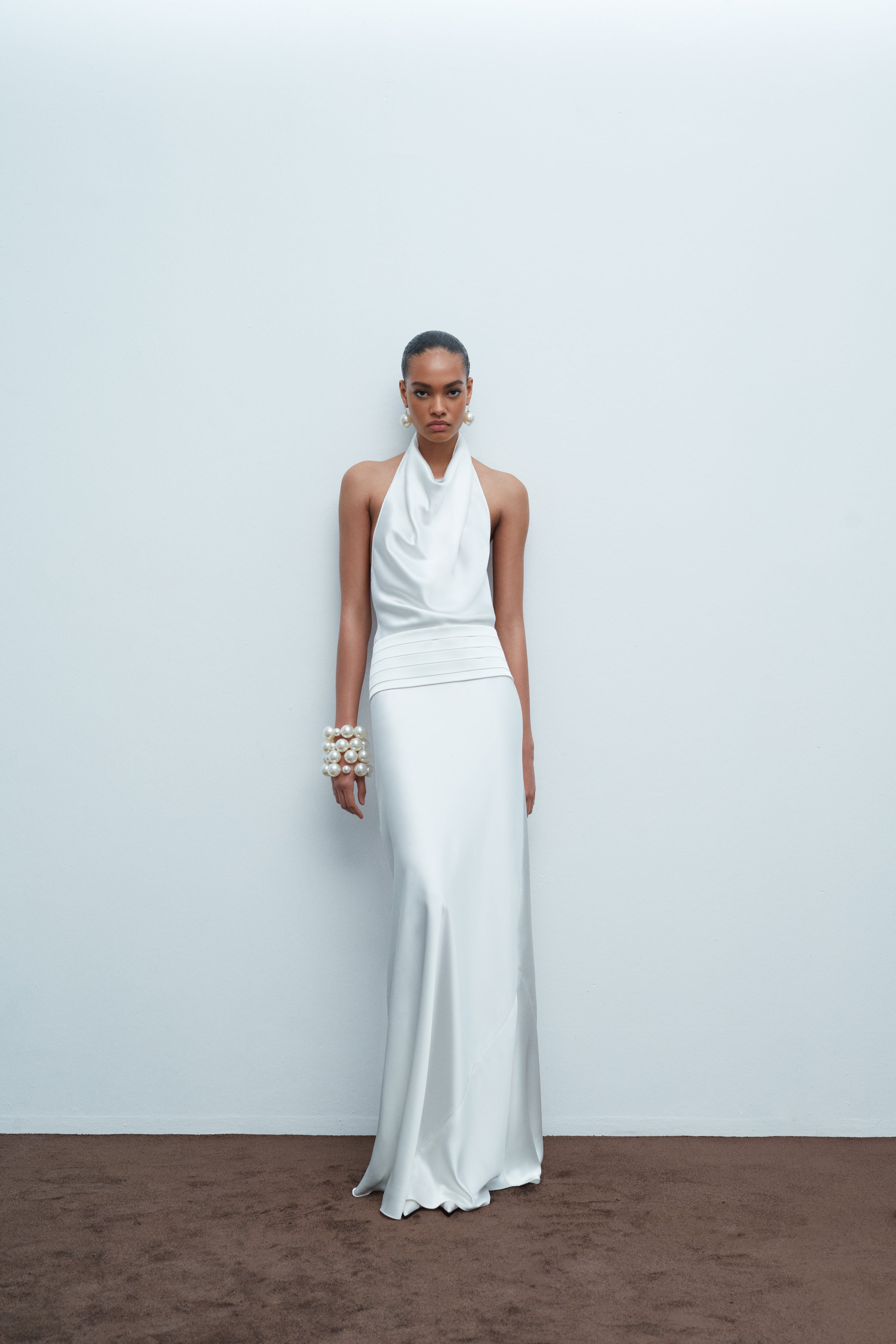 Sidney-Draped High Neck Bias Cut Satin Maxi Dress With Tuxedo Belt in ILA Official Sidney-Draped High Neck Bias Cut Satin Maxi Dress With Tuxedo Belt in ILA Official