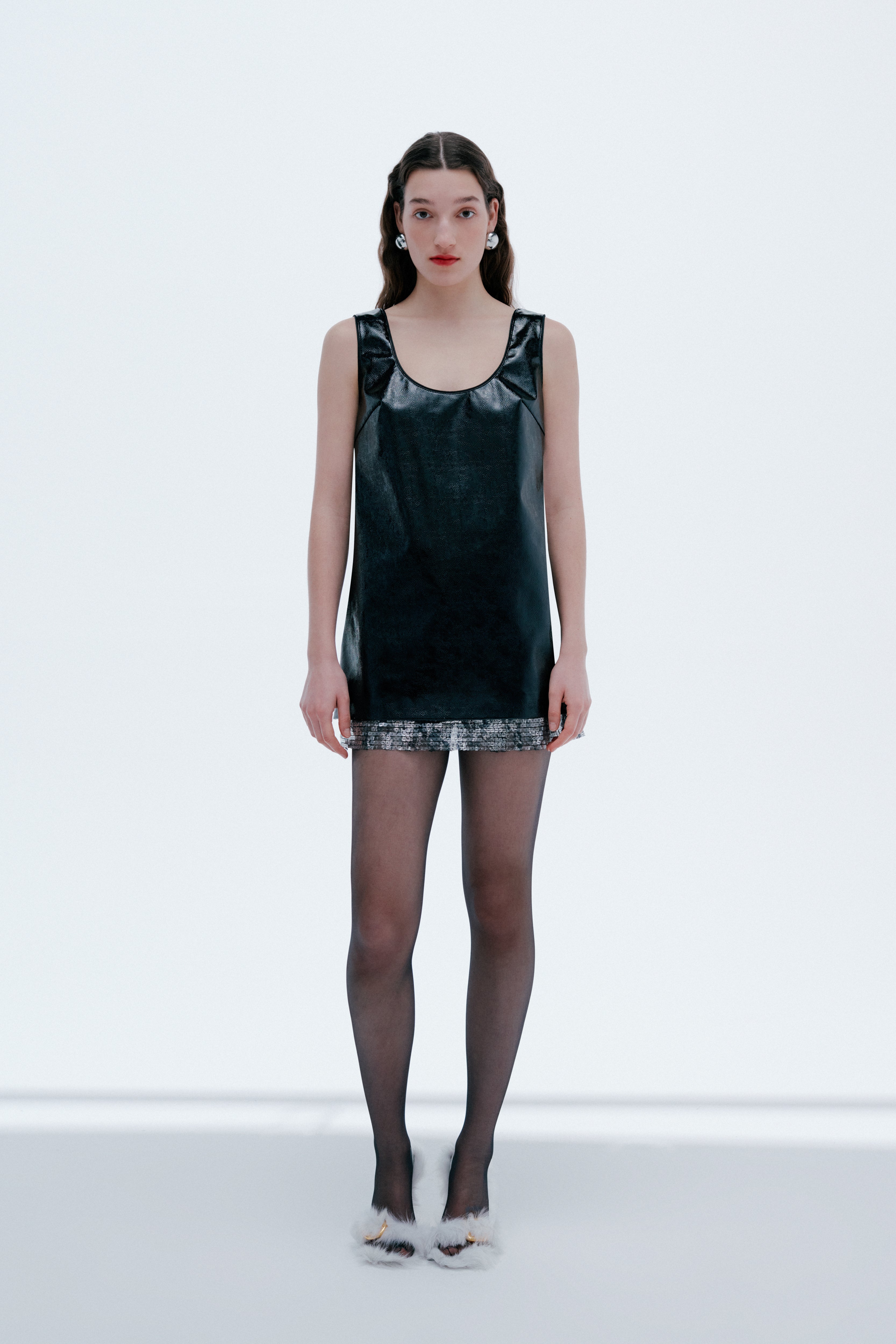 Lee - U Neck Boxy Vegan Leather Dress With Sequin Detailed Hemline
