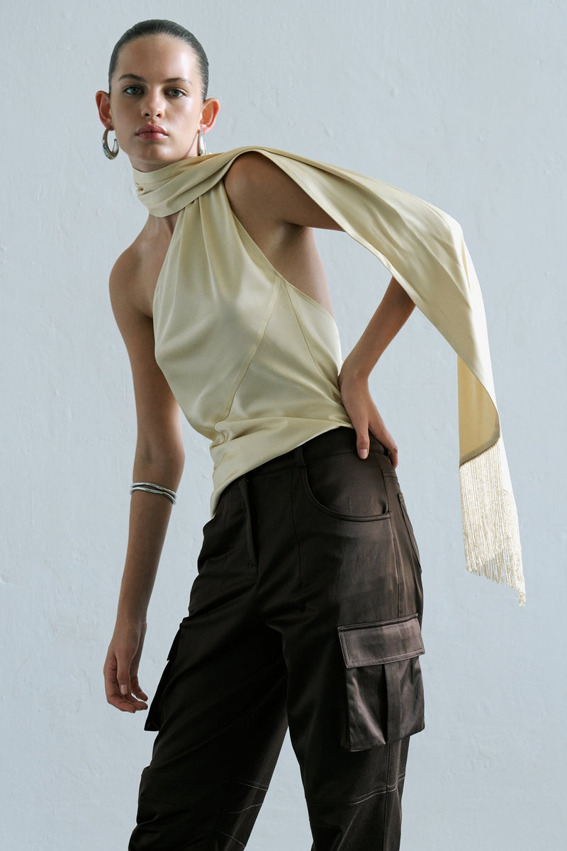 【sheller】flare cuffs one shoulder shirt FlyCC Women Sexy One Shoulder Adjustable Buckle Crop Tops