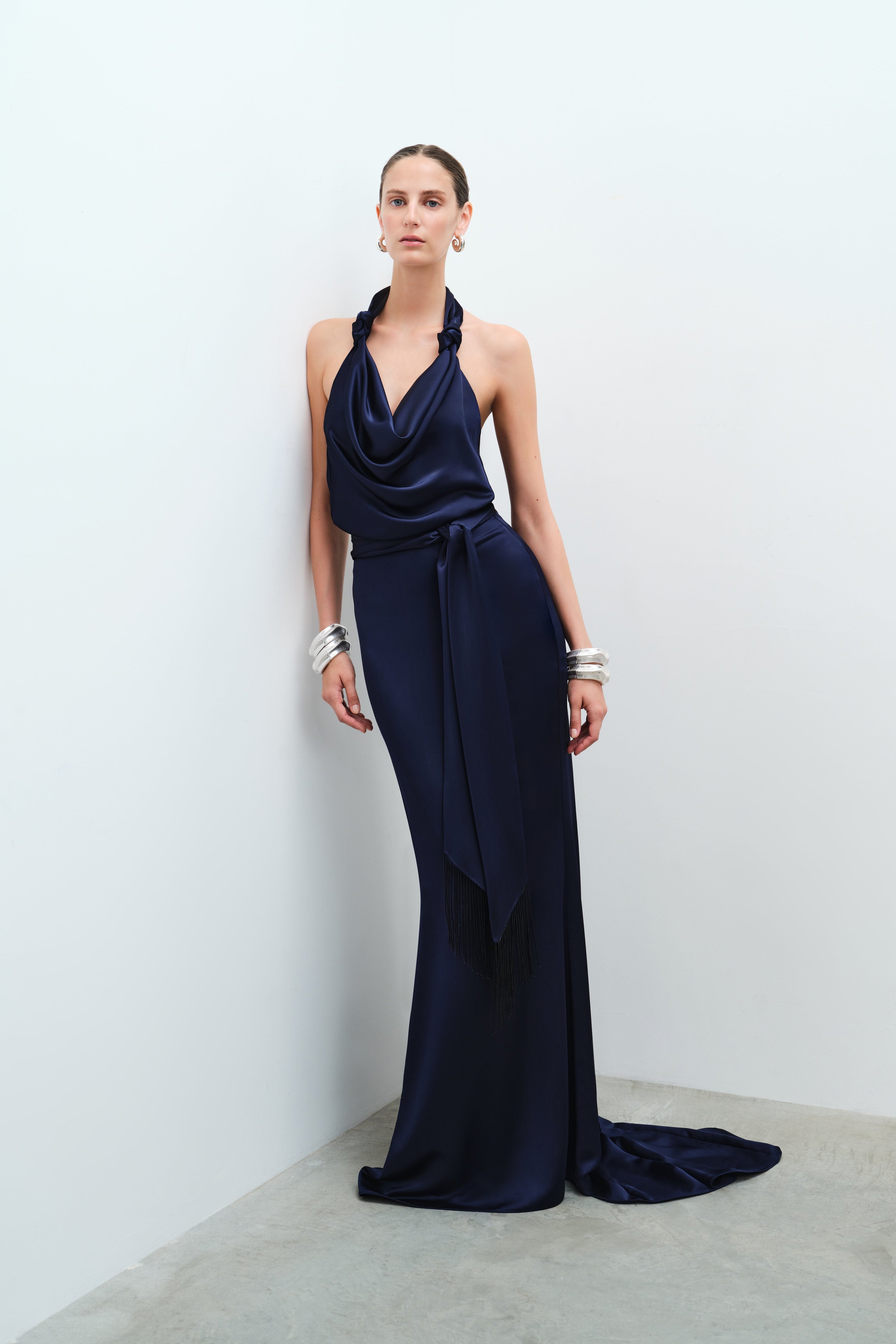 Ria-Cowl Neck Satin Maxi Dress with Beaded Fringe Belt Detail in Navy ILA Official Ria-Cowl Neck Satin Maxi Dress with Beaded Fringe Belt Detail in Navy ILA Official