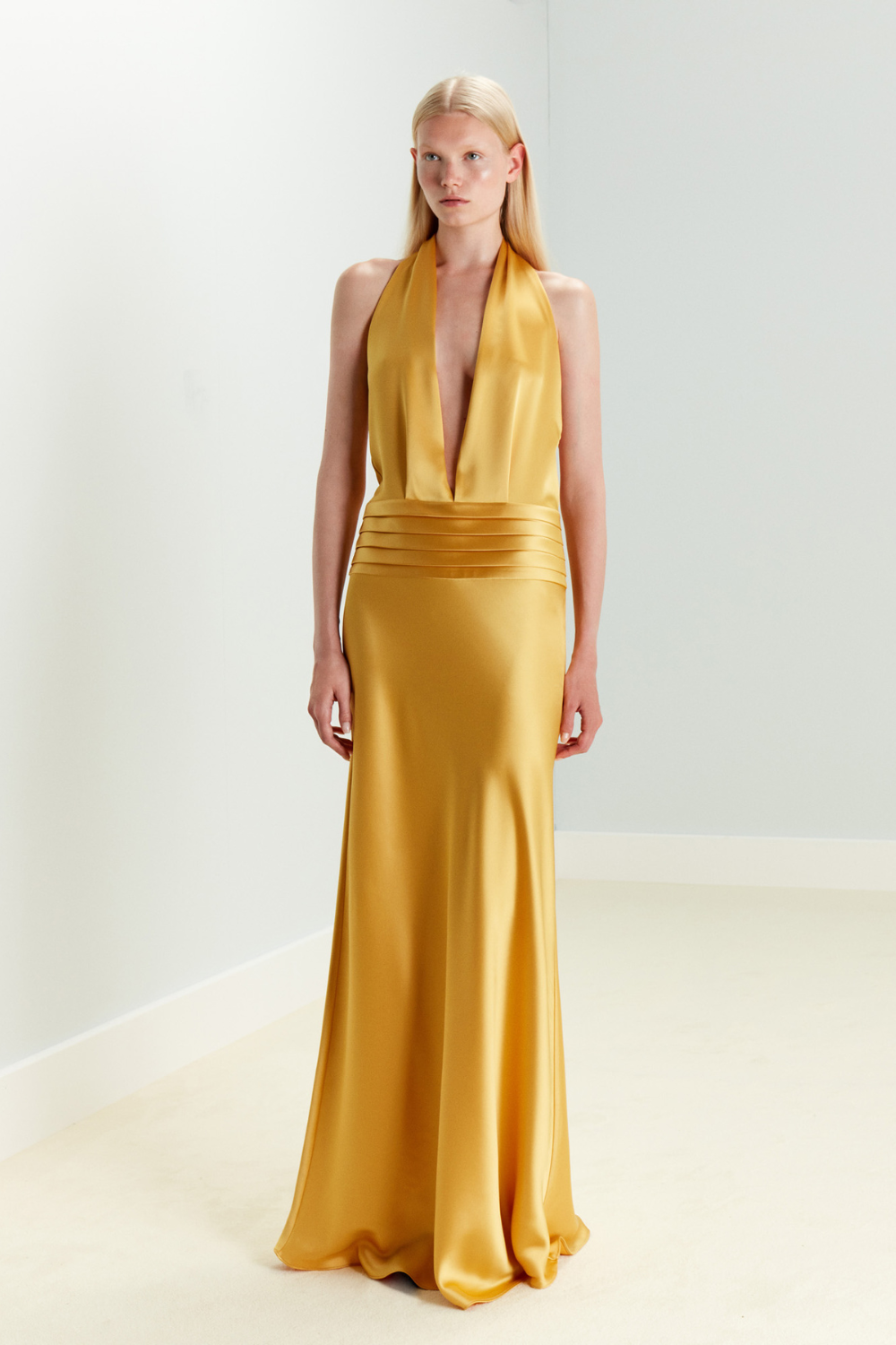 Trisha- V Neck Satin Dress With Tuxedo Belt Detail