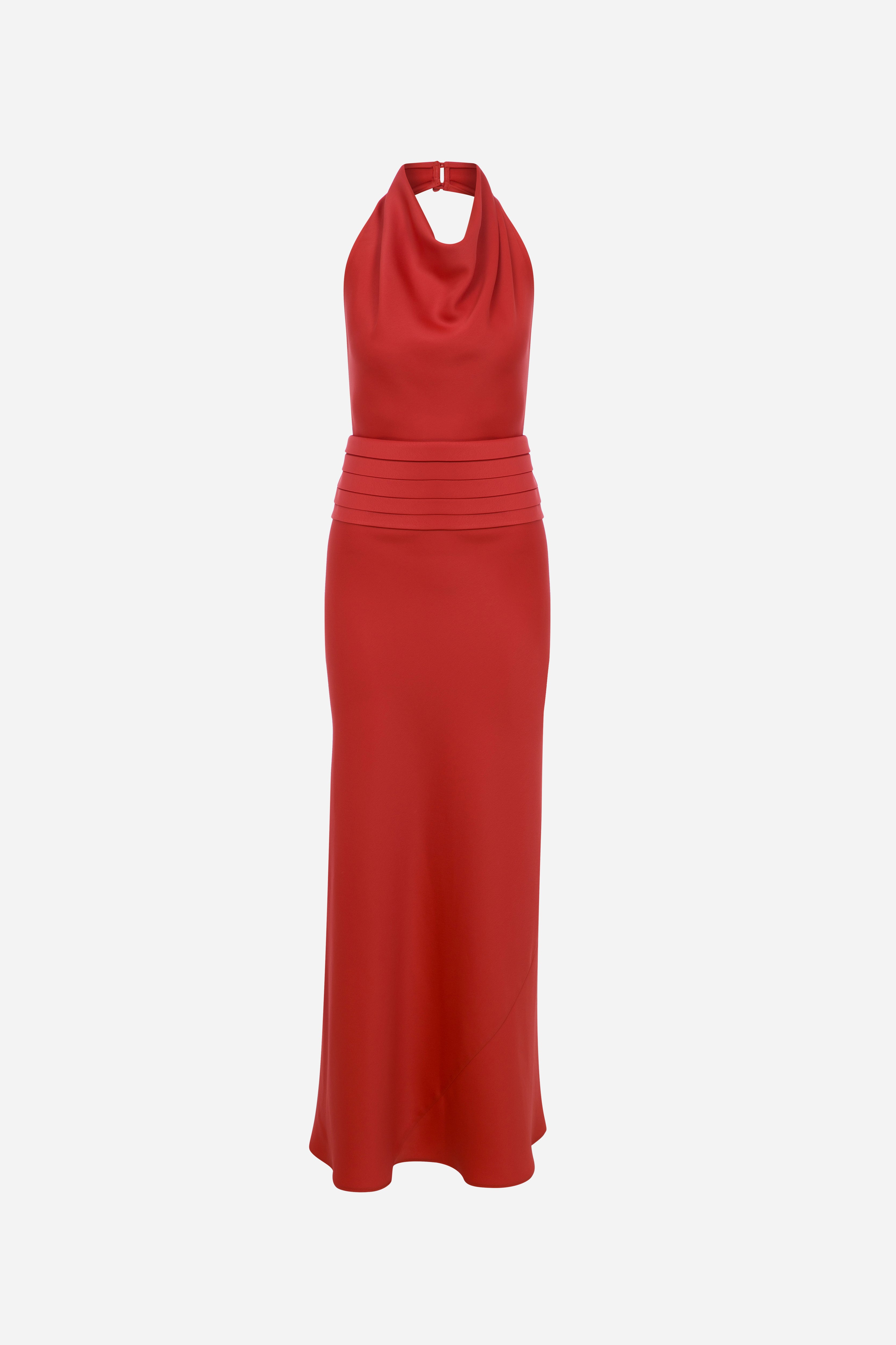 Sidney - Draped High Neck Bias Cut Satin Maxi Dress With Tuxedo Belt