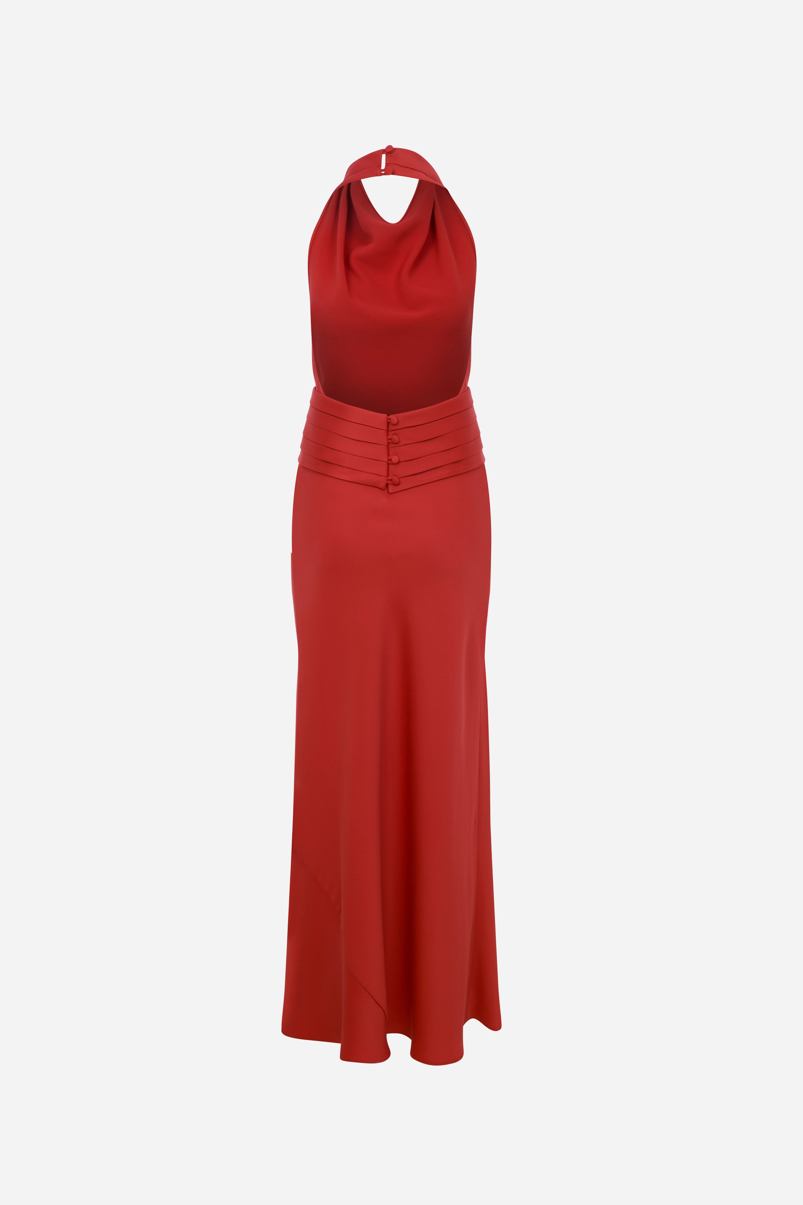 Sidney - Draped High Neck Bias Cut Satin Maxi Dress With Tuxedo Belt