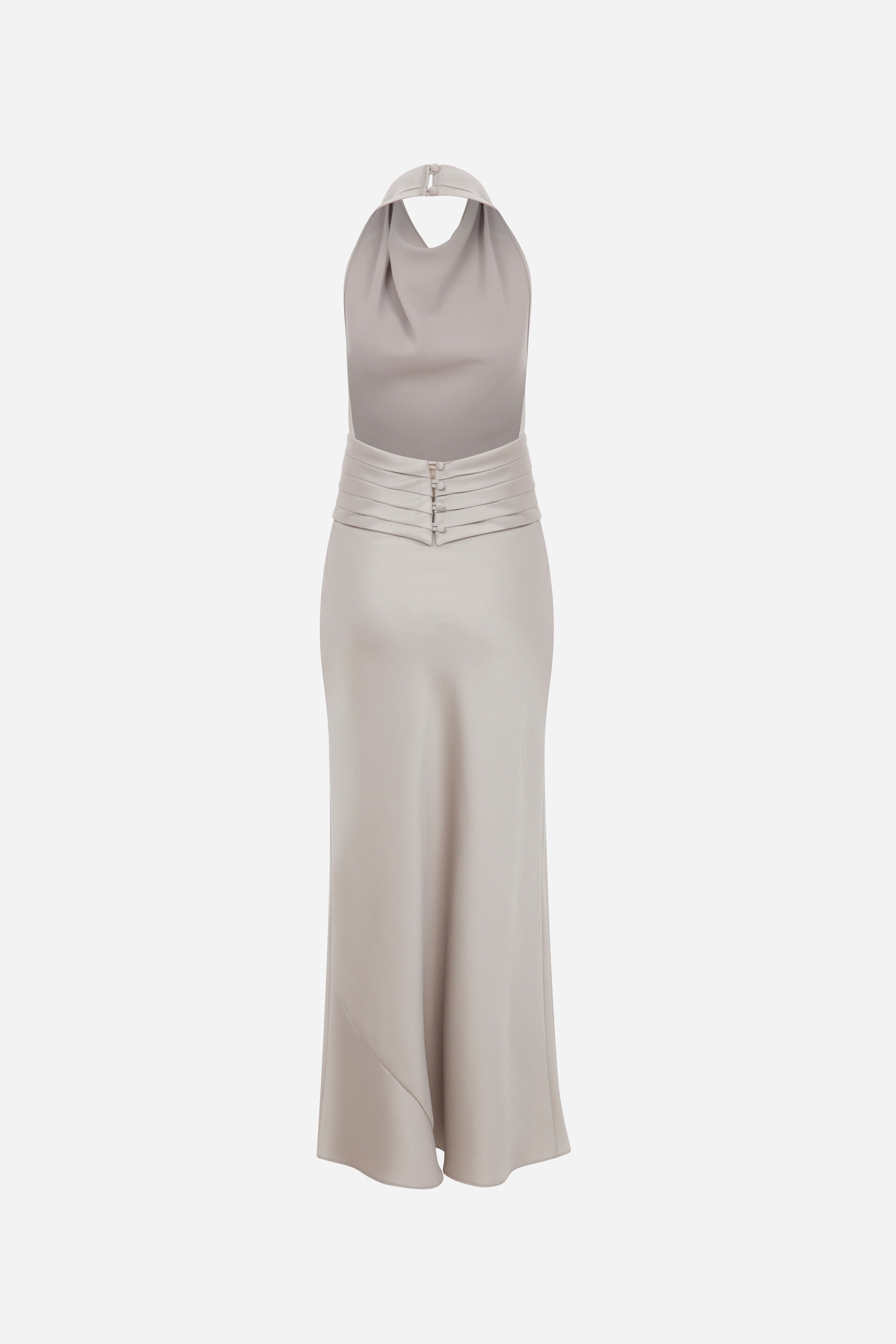 Sidney - Draped High Neck Bias Cut Satin Maxi Dress With Tuxedo Belt