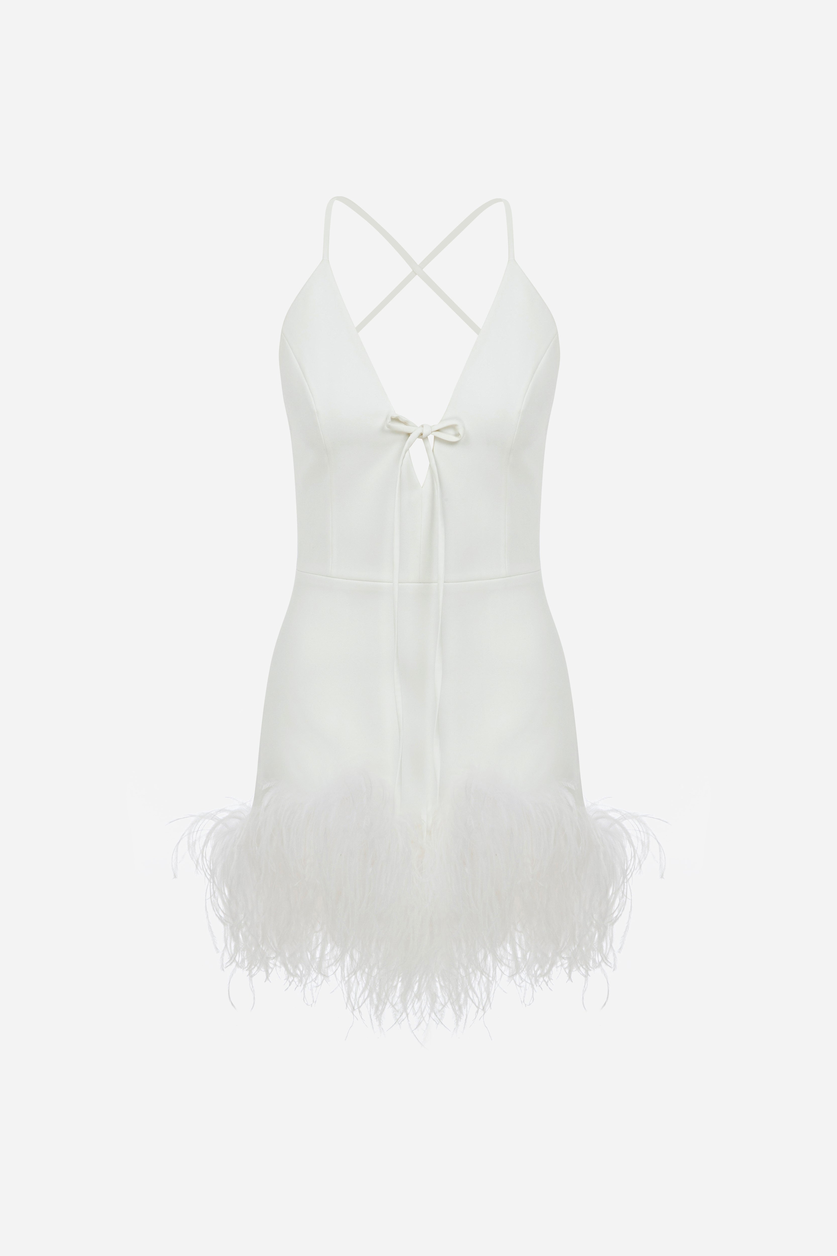 TULIP - V NECK MINI DRESS WITH FEATHER TRIM