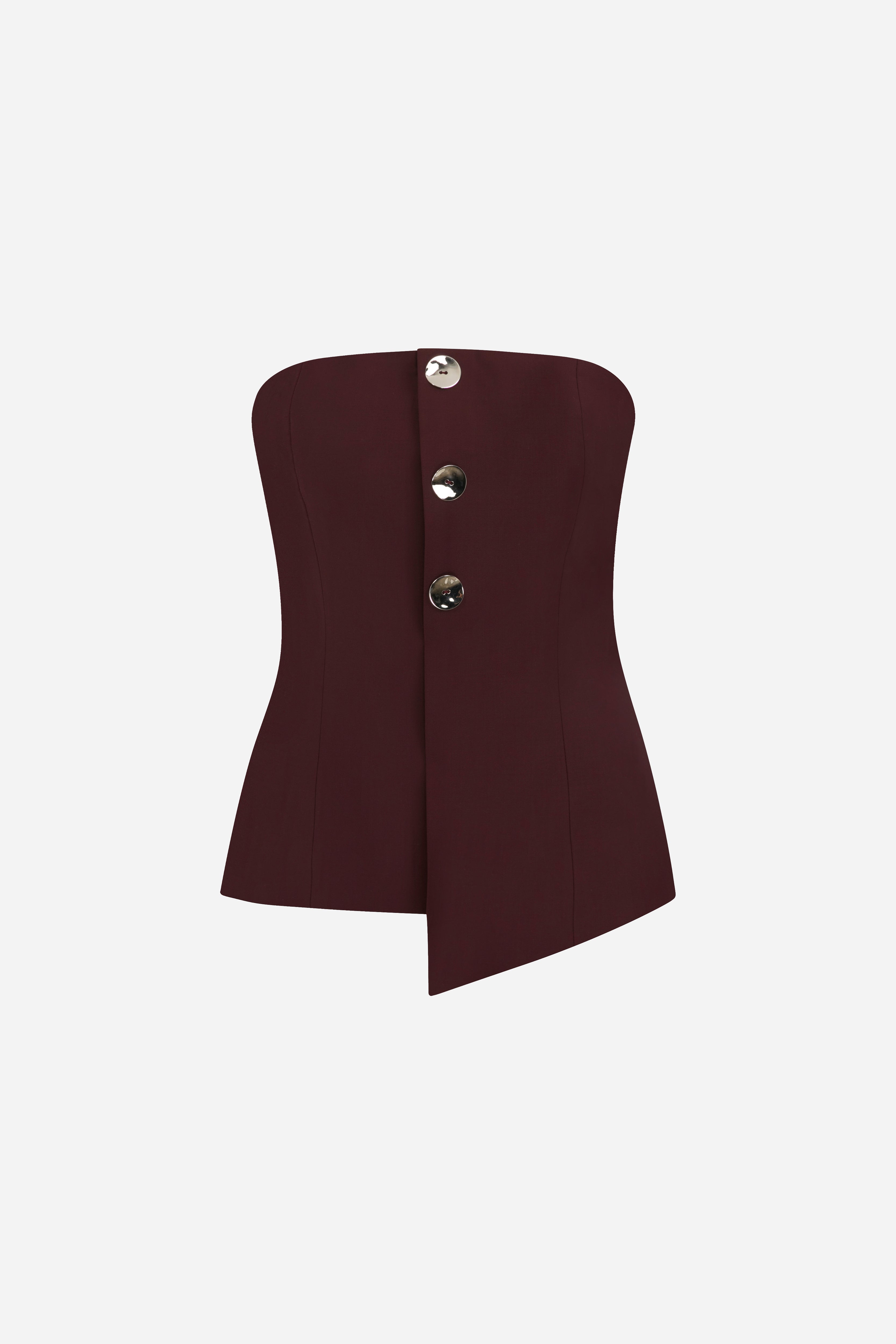 Eve - Strapless Wool Top With Button Detail in Burgundy
