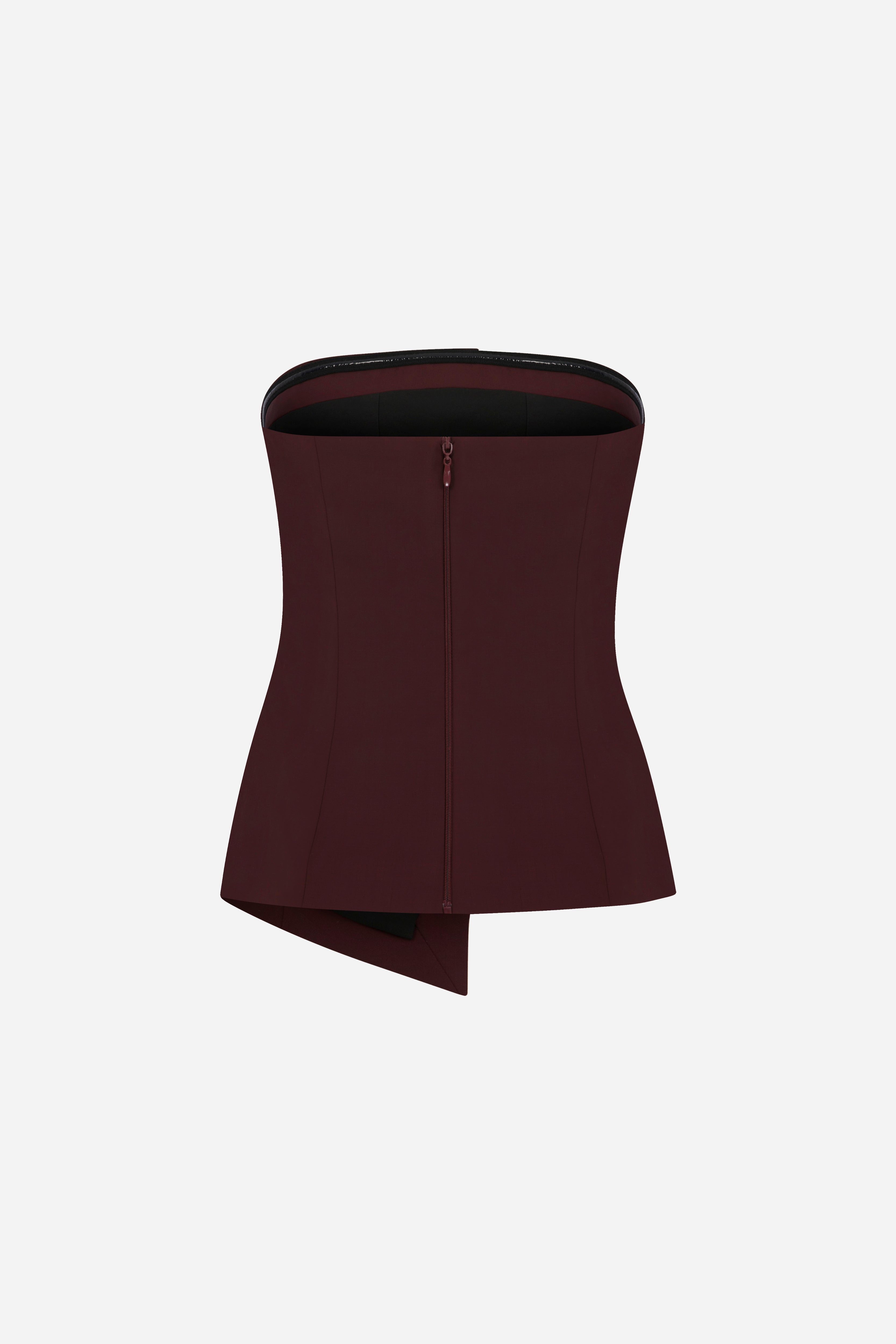 Eve - Strapless Wool Top With Button Detail in Burgundy