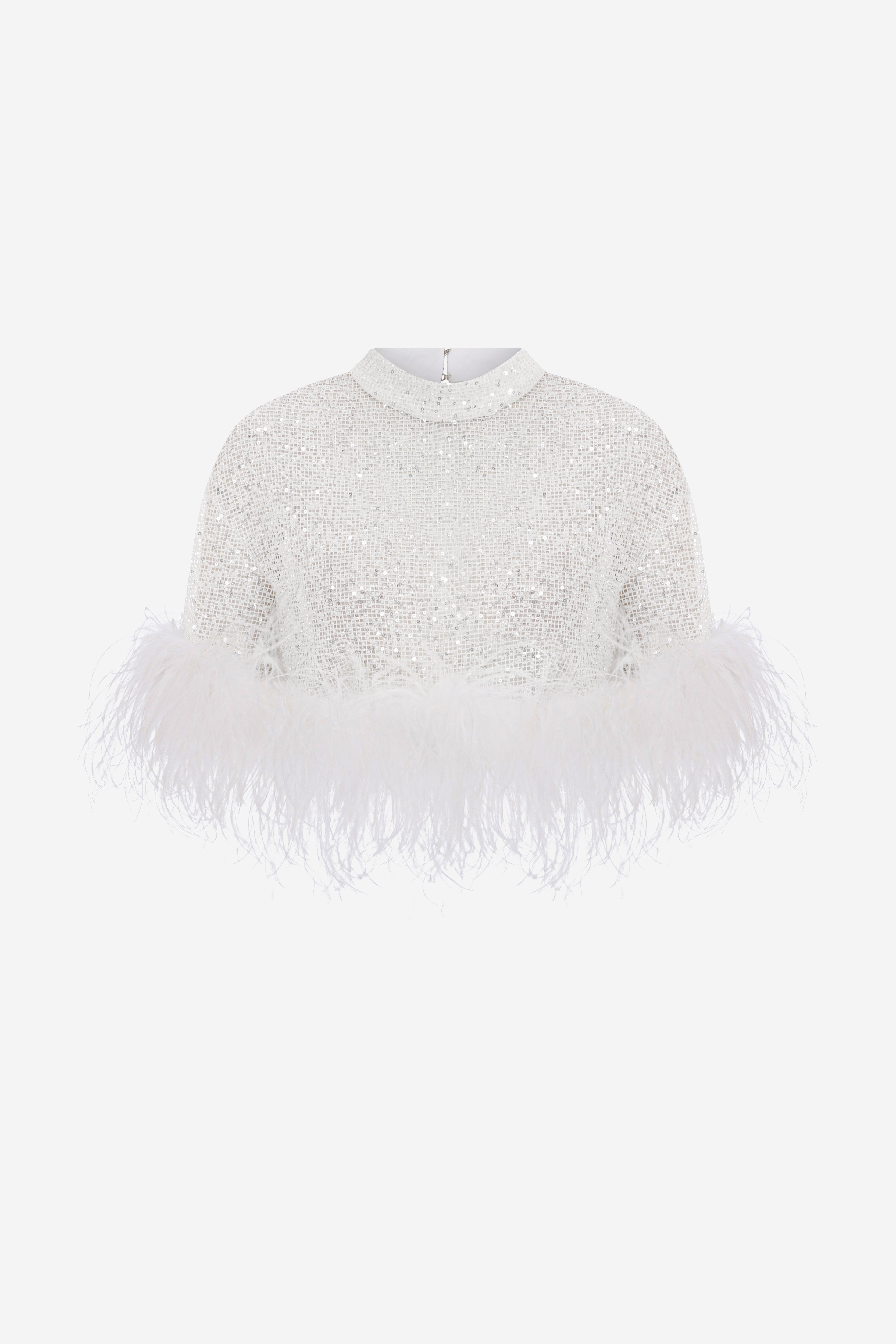 Camille - Sequin Crop Top With Feathers in Grey in White