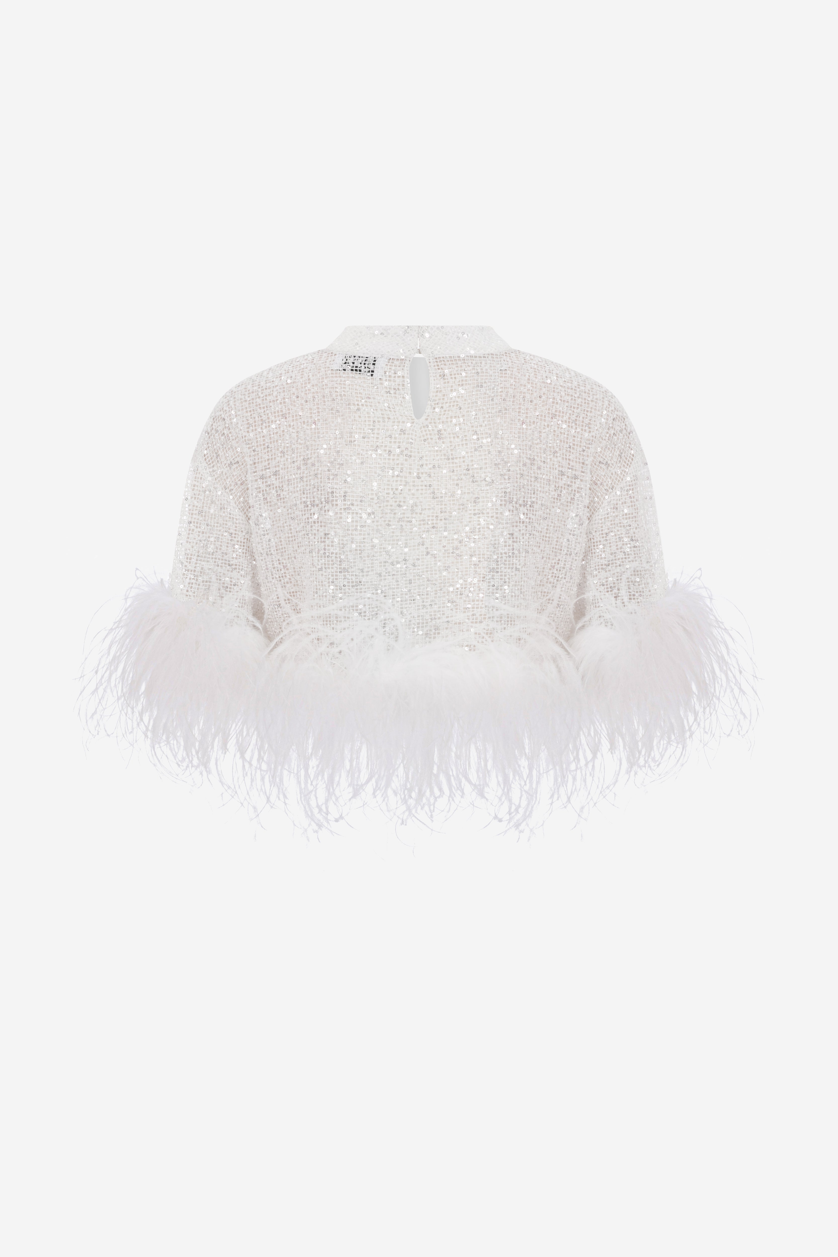 Camille - Sequin Crop Top With Feathers in Grey in White