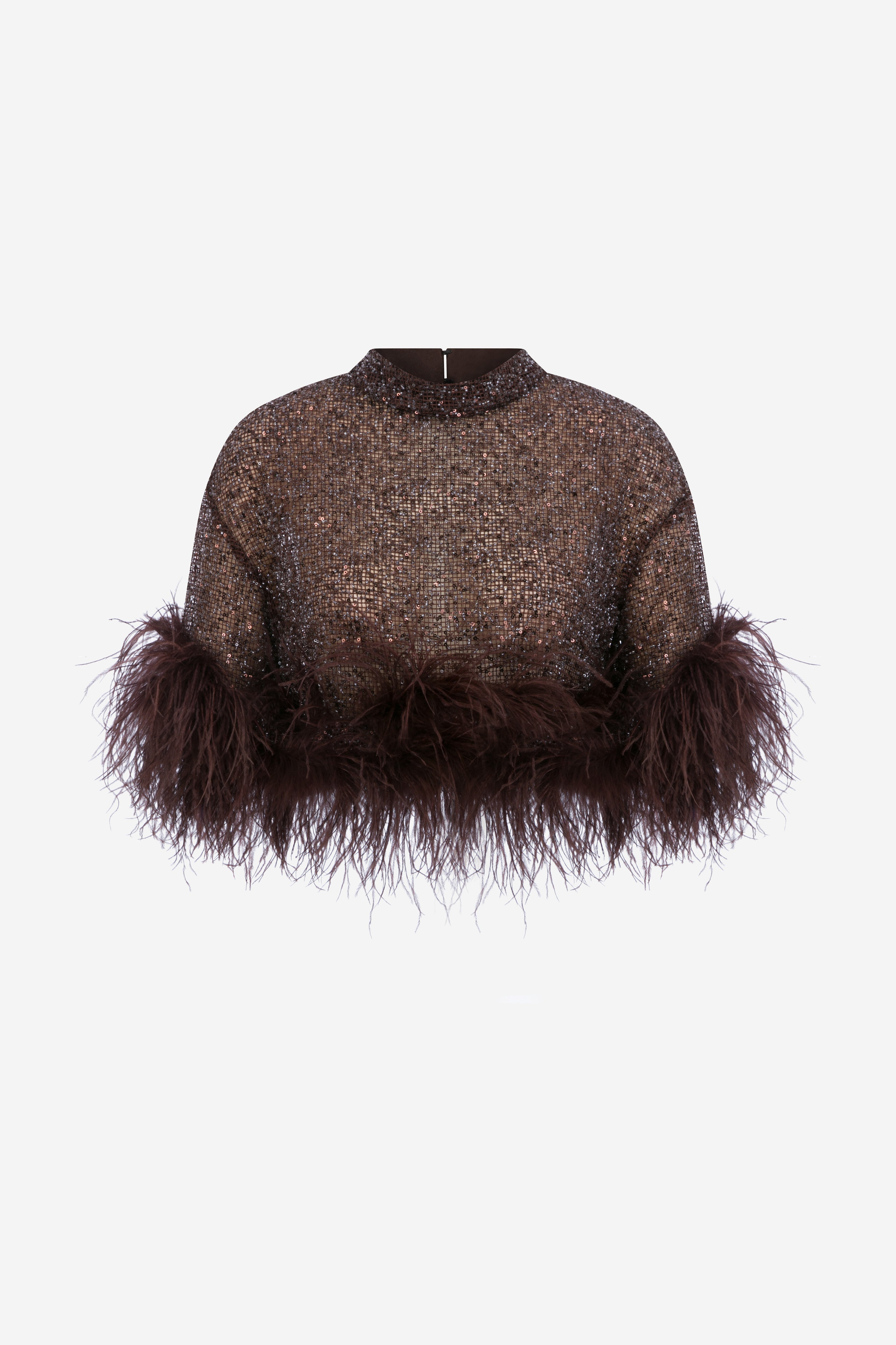 Camille - Sequin Crop Top With Feathers in Grey in Brown