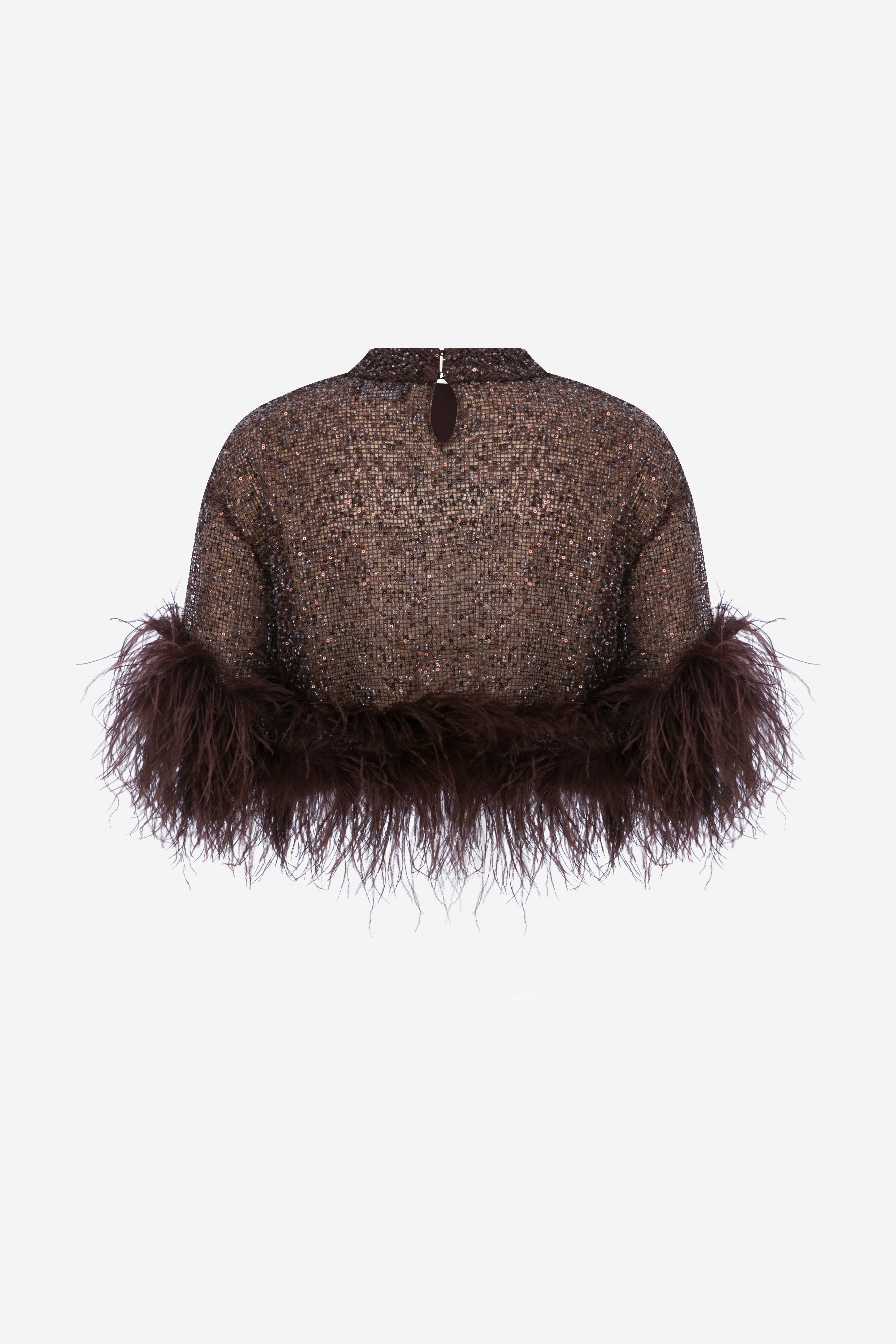 Camille - Sequin Crop Top With Feathers in Grey in Brown