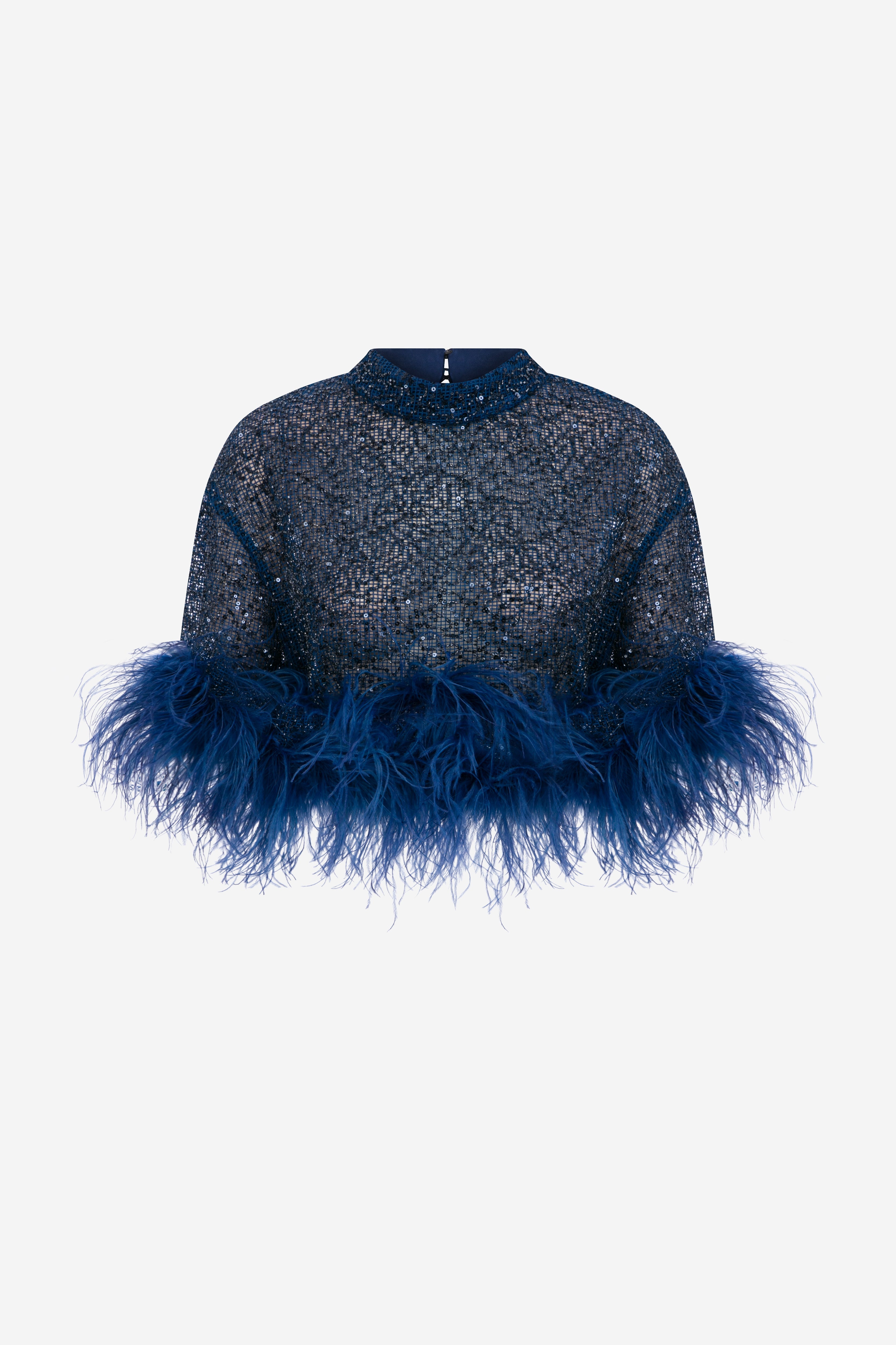 Camille - Sequin Crop Top With Feathers in Navy Blue