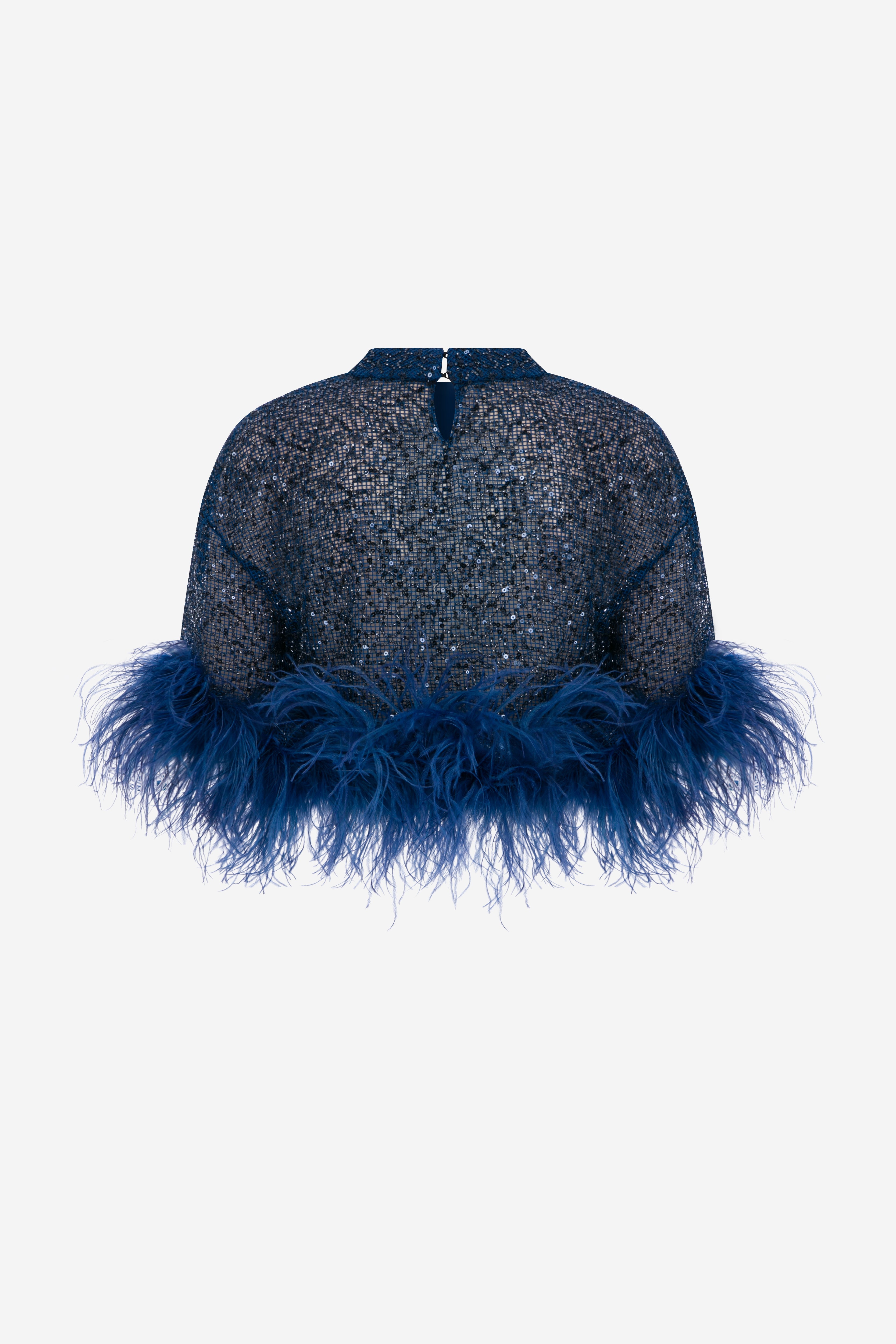 Camille - Sequin Crop Top With Feathers in Navy Blue