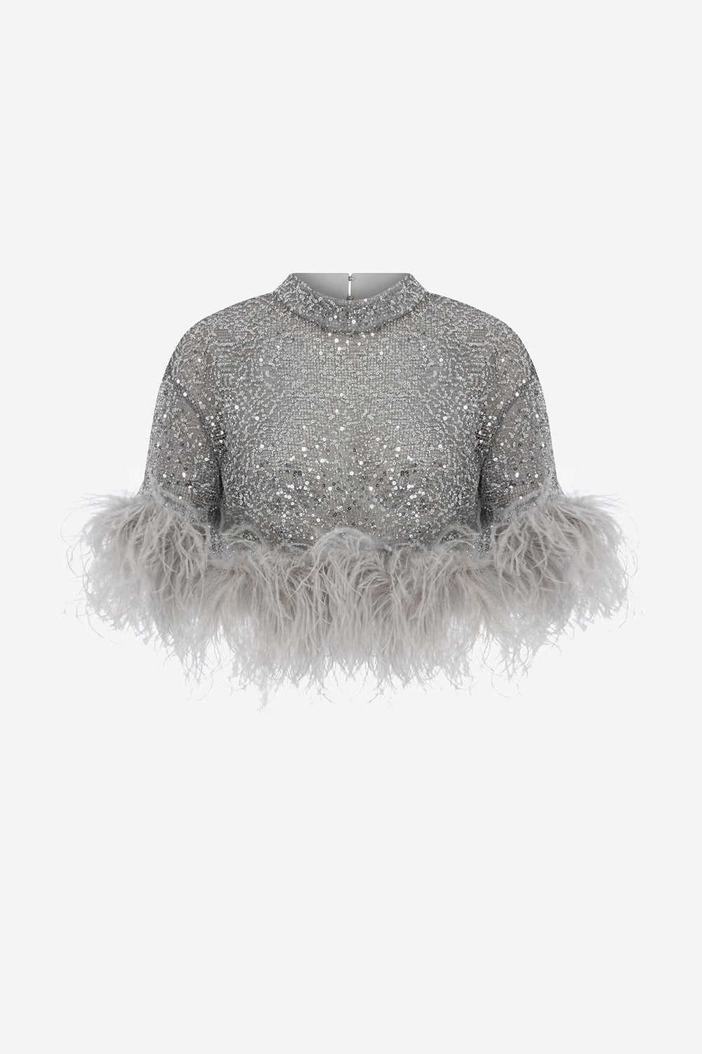 Camille - Sequin Crop Top With Feathers in Grey