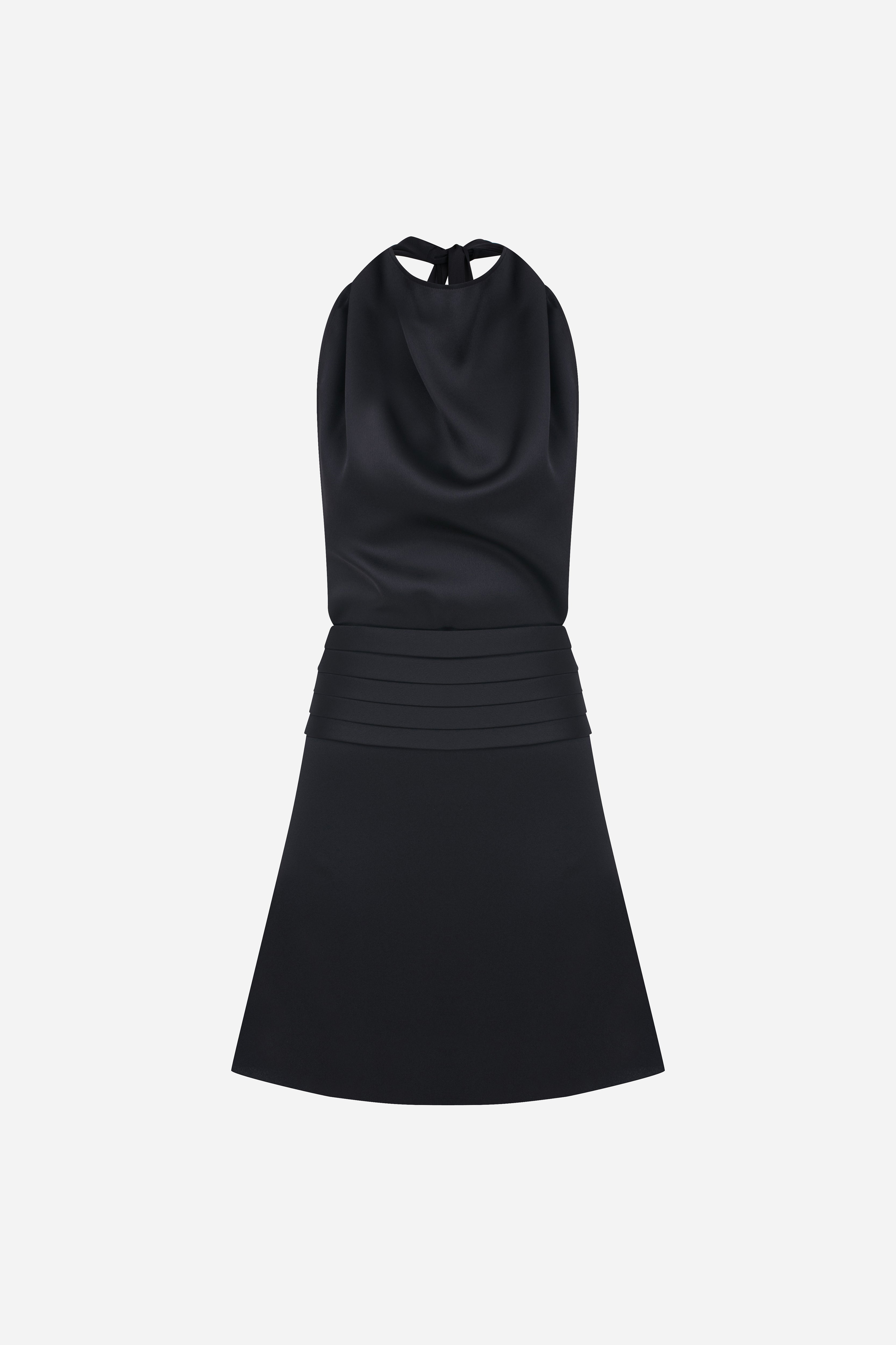 Monica - Draped High Neck Bias Cut Satin Mini Dress