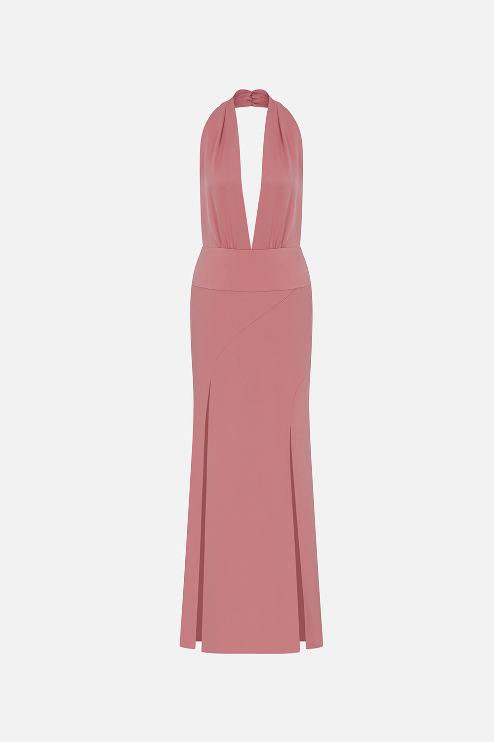 Tyra-V-Neck Satin Maxi Dress With Double Side Slits in Dusty Rose