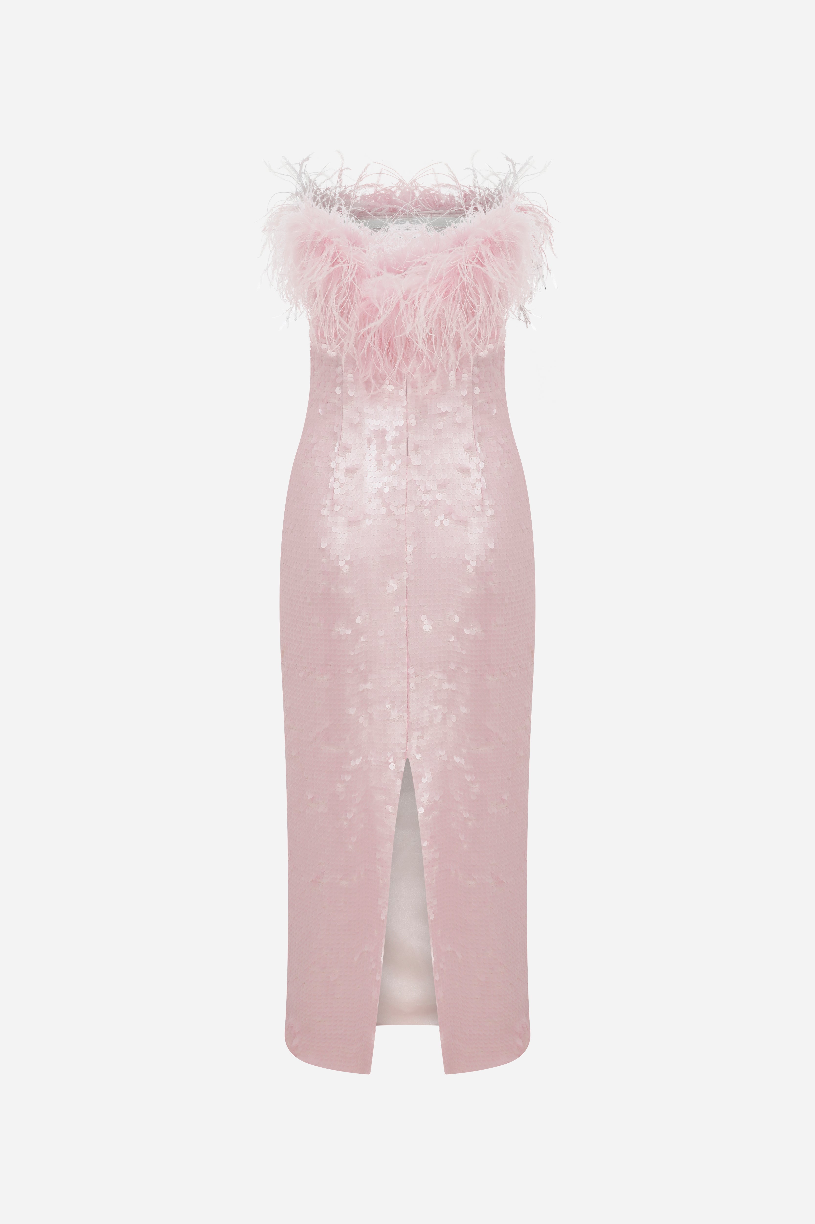DREW-STRAPLESS MIDI SEQUIN DRESS WITH FEATHER DETAILS in PINK