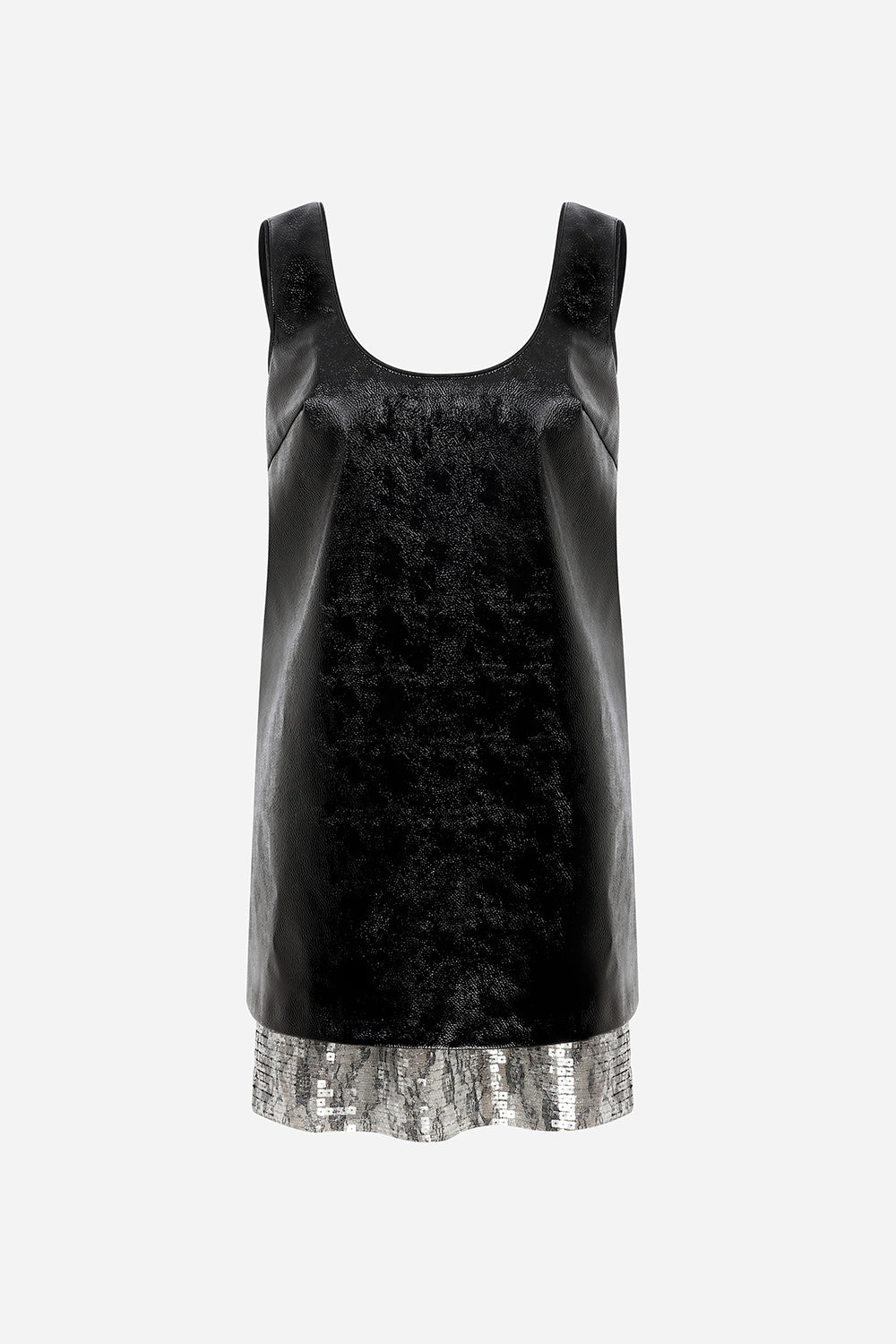 Lee - U Neck Boxy Vegan Leather Dress With Sequin Detailed Hemline
