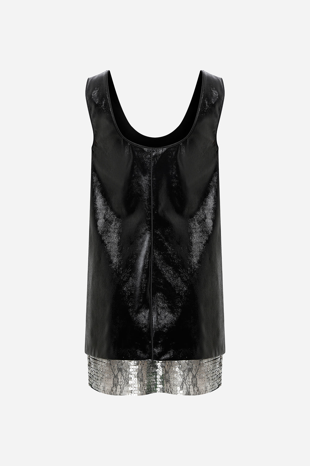 Lee - U Neck Boxy Vegan Leather Dress With Sequin Detailed Hemline