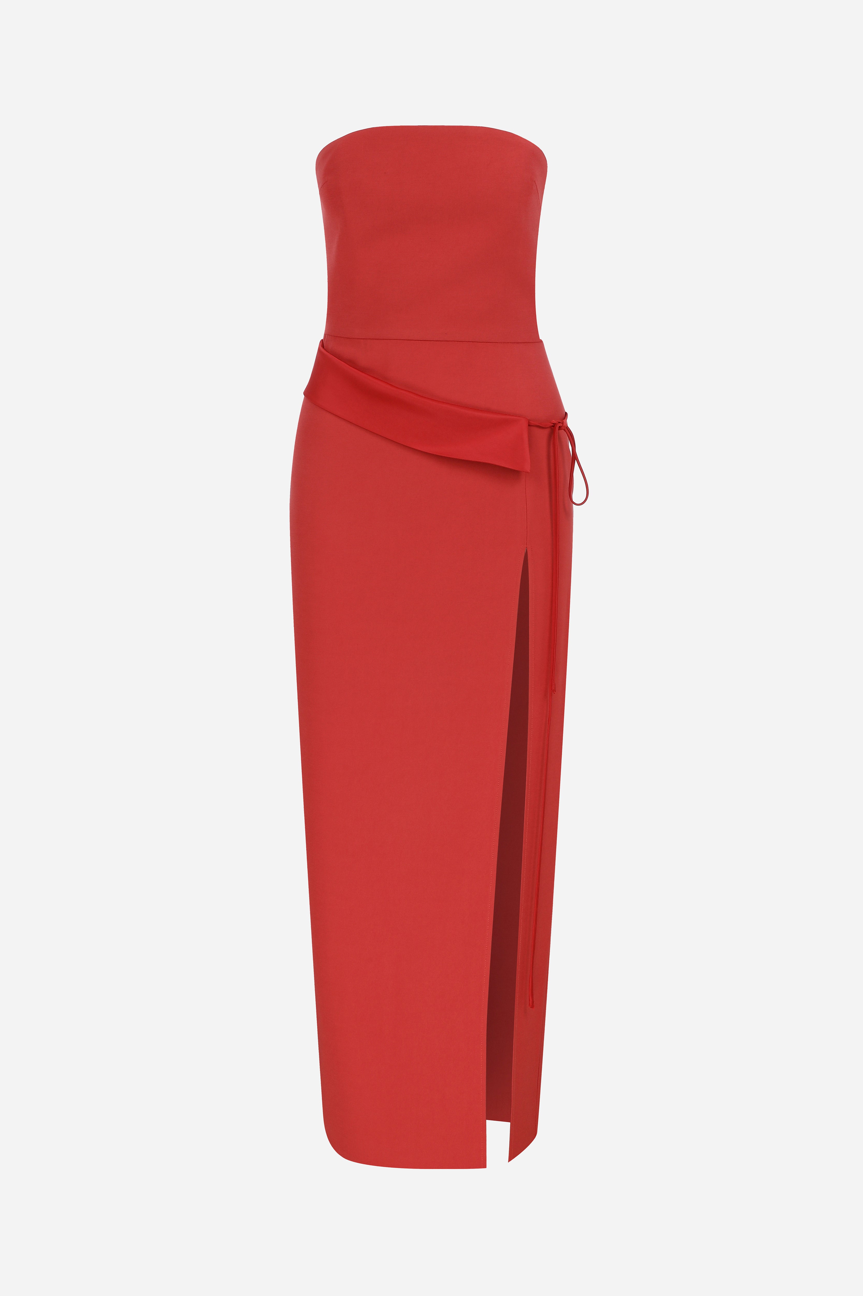 Lia - Satin Detailed Strapless Midi Dress