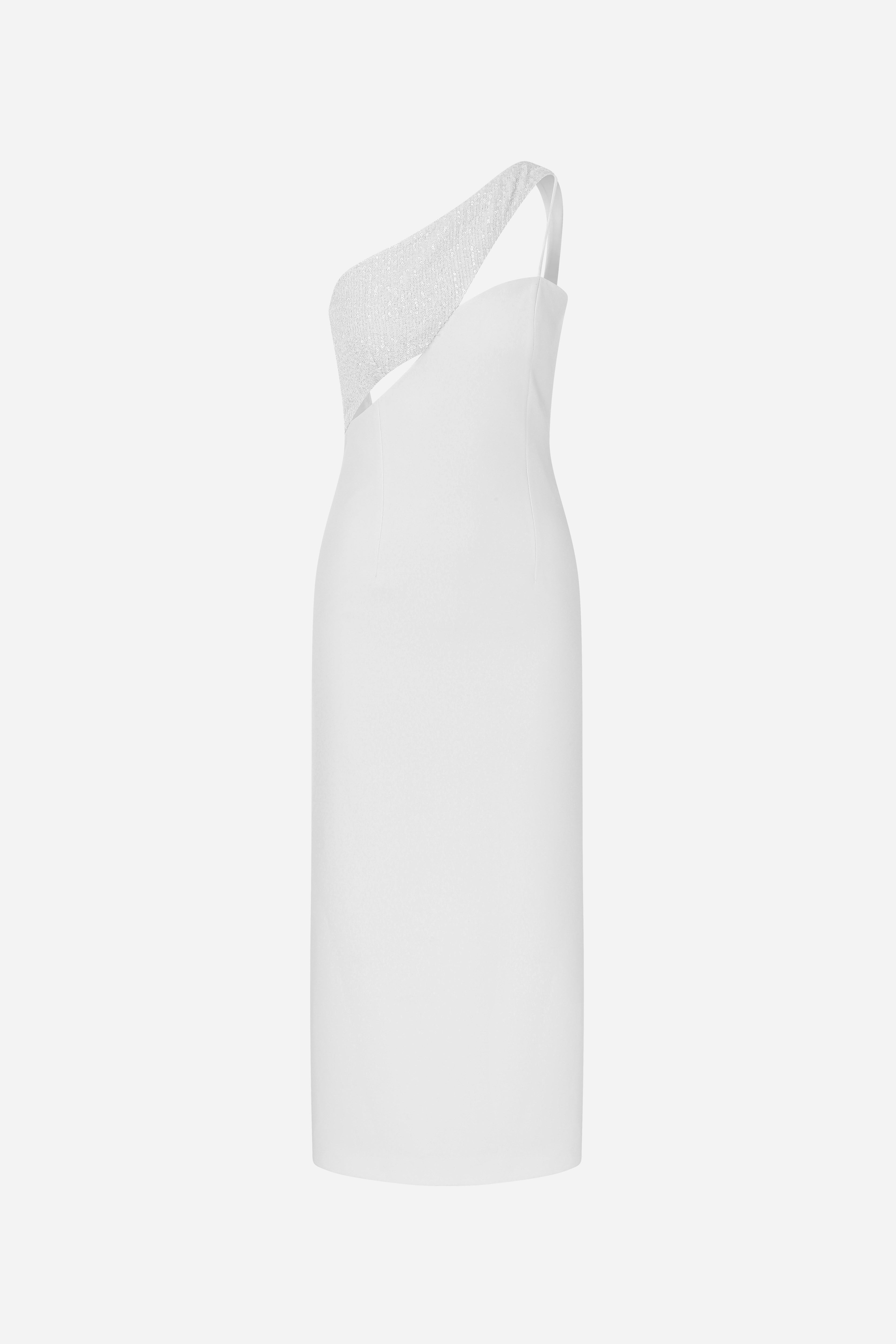 AJAY- ONE SHOULDER BACKLESS MIDI DRESS WITH SEQUIN DETAILS