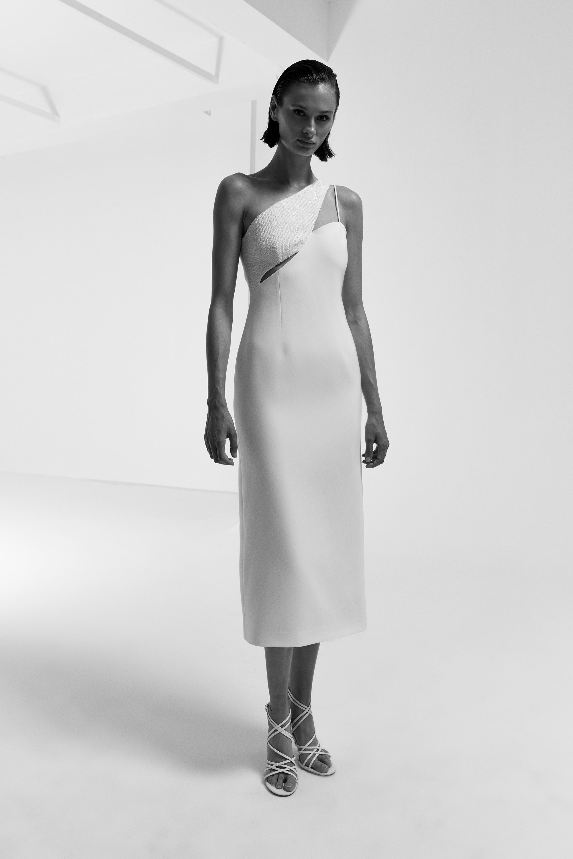 AJAY- ONE SHOULDER BACKLESS MIDI DRESS WITH SEQUIN DETAILS