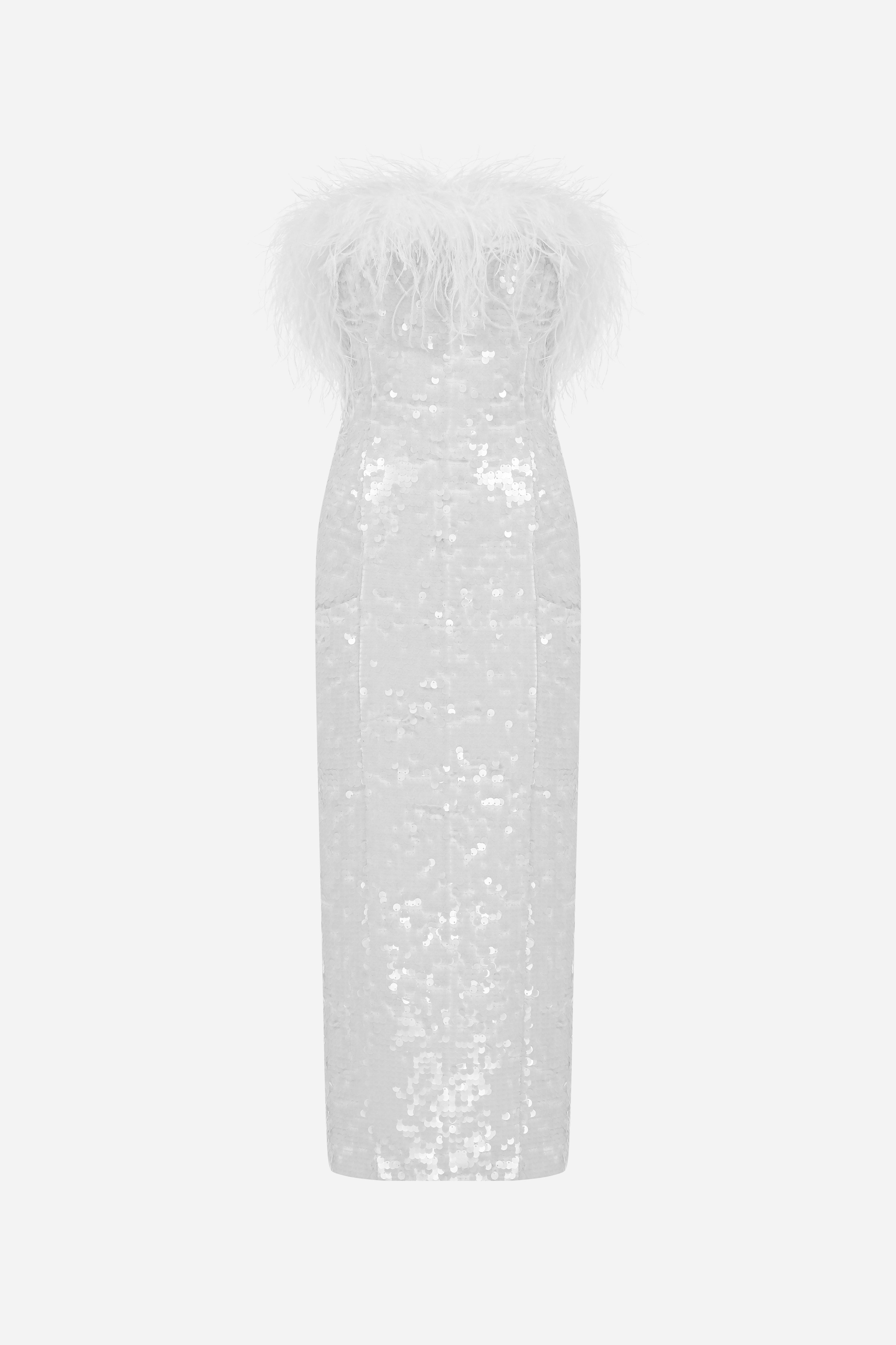 DREW-STRAPLESS MIDI SEQUIN DRESS WITH FEATHER DETAILS