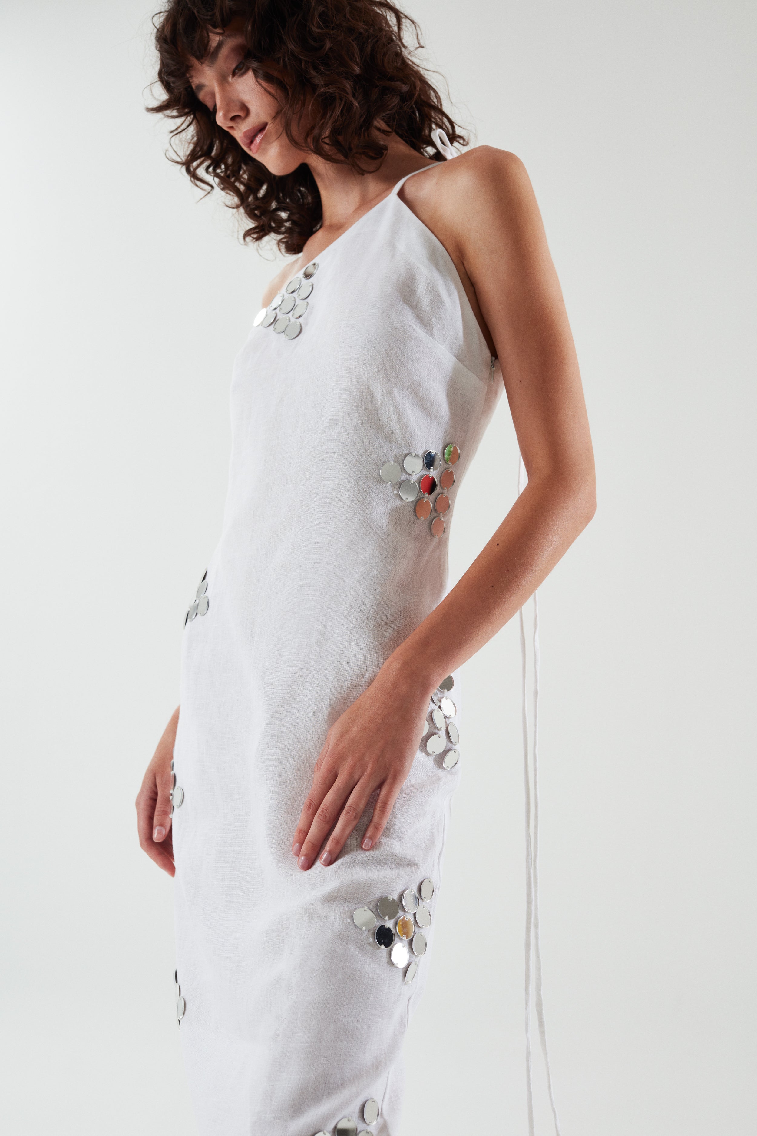 Odine - Linen Dress With Handmade Mirror Details