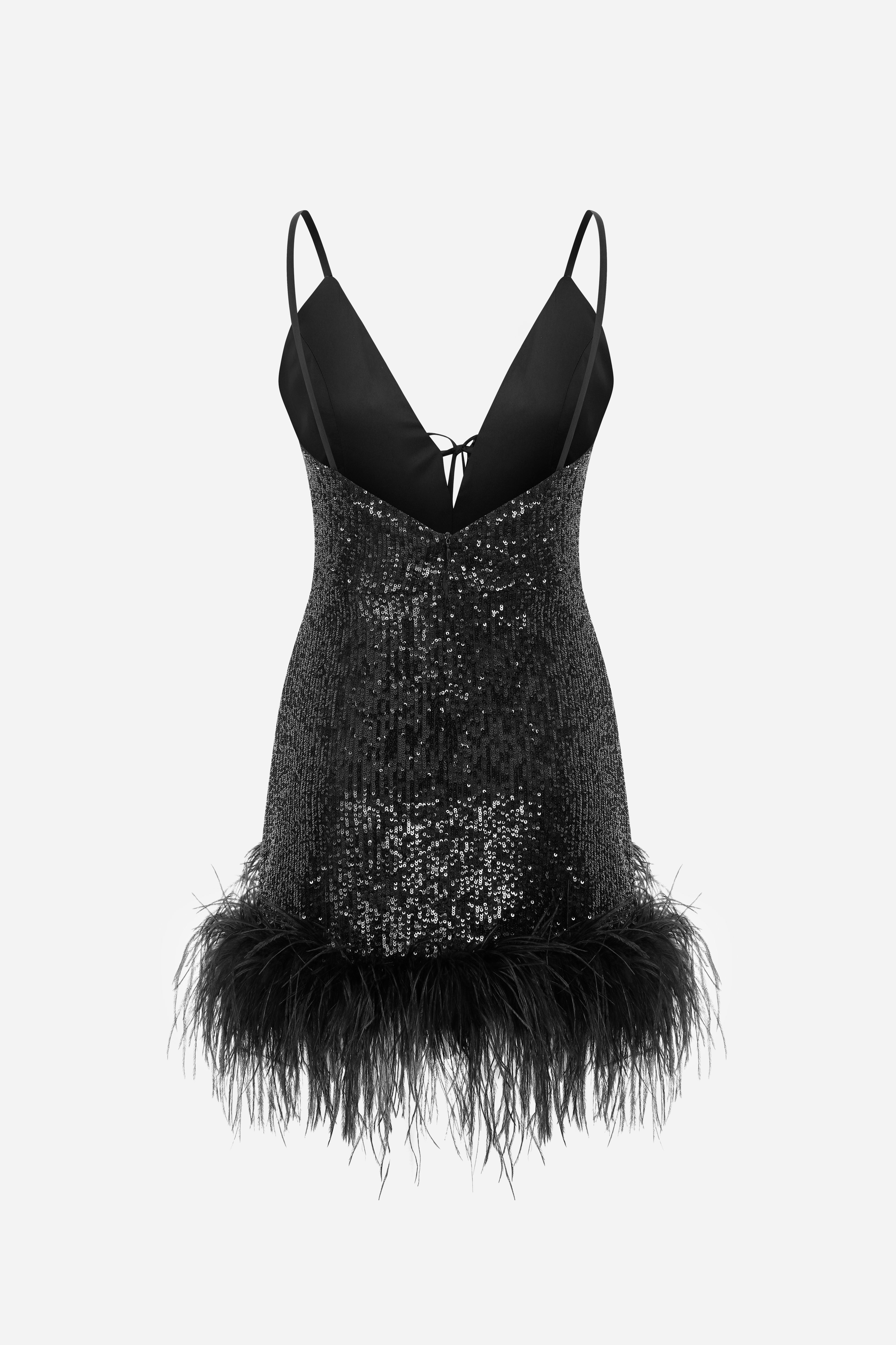 TULIP - V Neck mini sequin dress with feather trim
