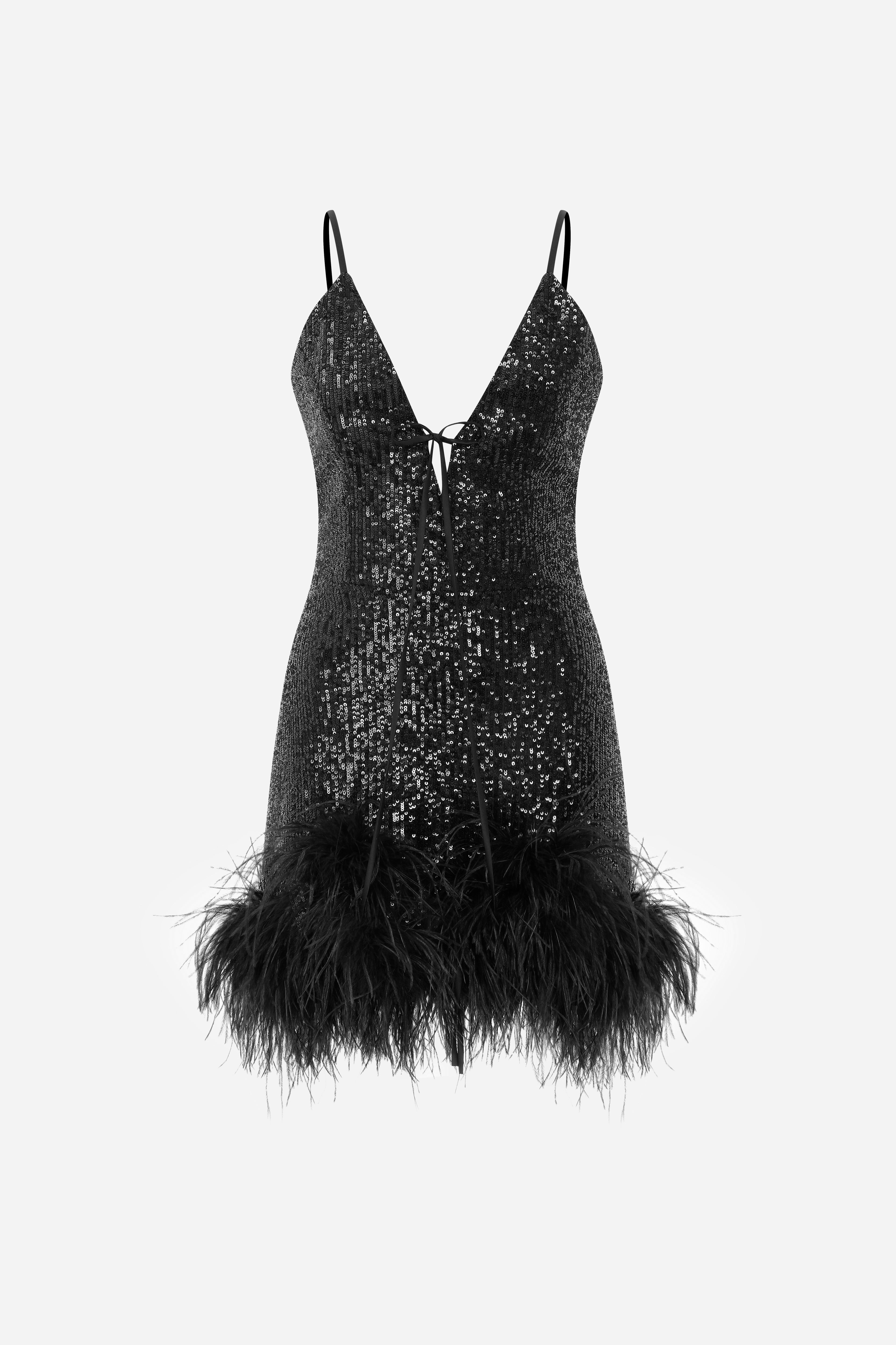 TULIP - V Neck mini sequin dress with feather trim