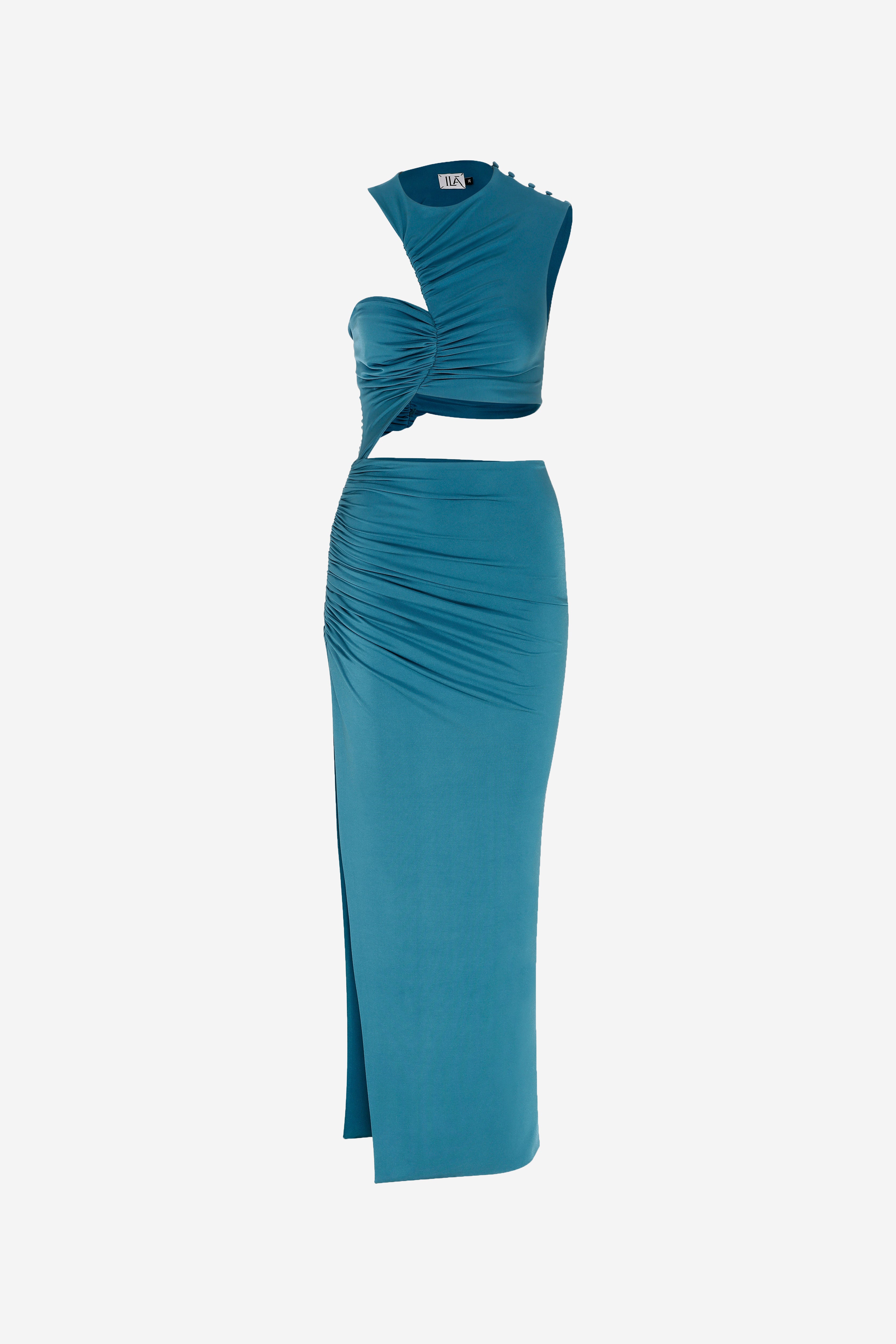 BLAIR - JERSEY DRESS WITH SIDE SLIT in Petrol