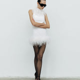 Camia - Feather Trimmed Halter Neck Mini Dress
